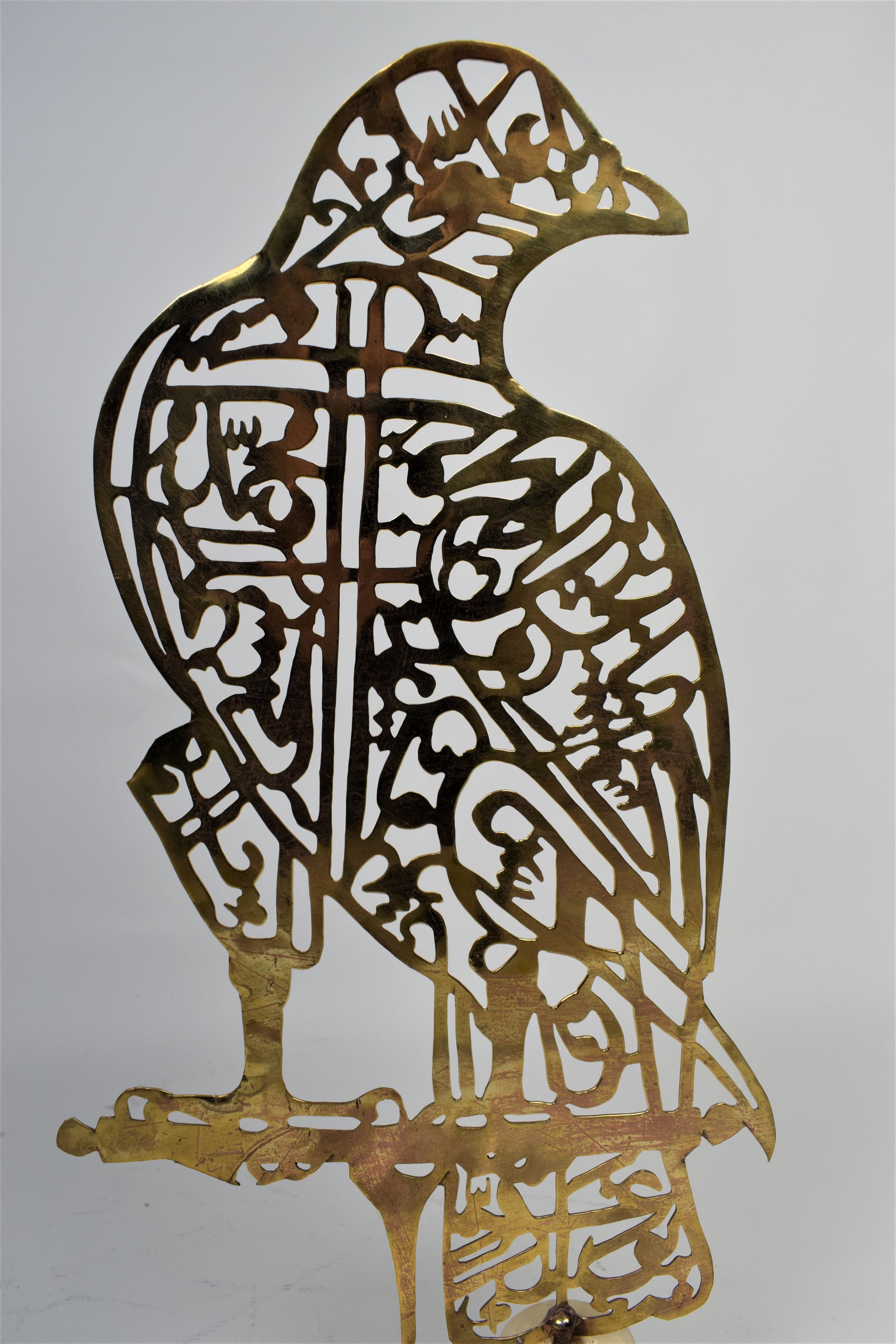 Metalwork Brass Alam Hand Cutwork Calligraphy in the Shape of a Falcon, 20th Century For Sale