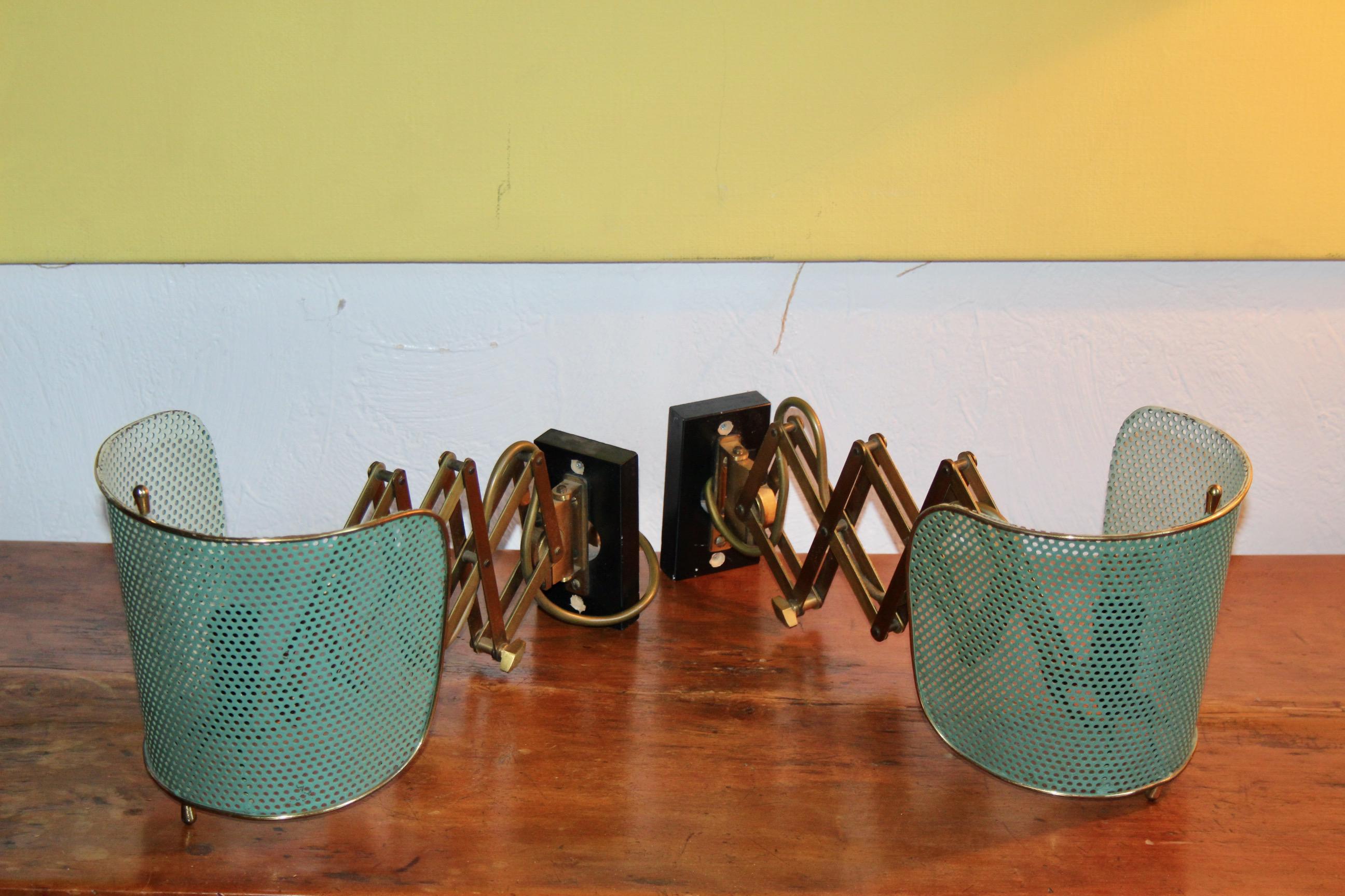 Brass Alfred Muller Adjustable pair of  Wall Lamp for AMBA, Switzerland 1940s. with perforated shade in green blue pastel color
