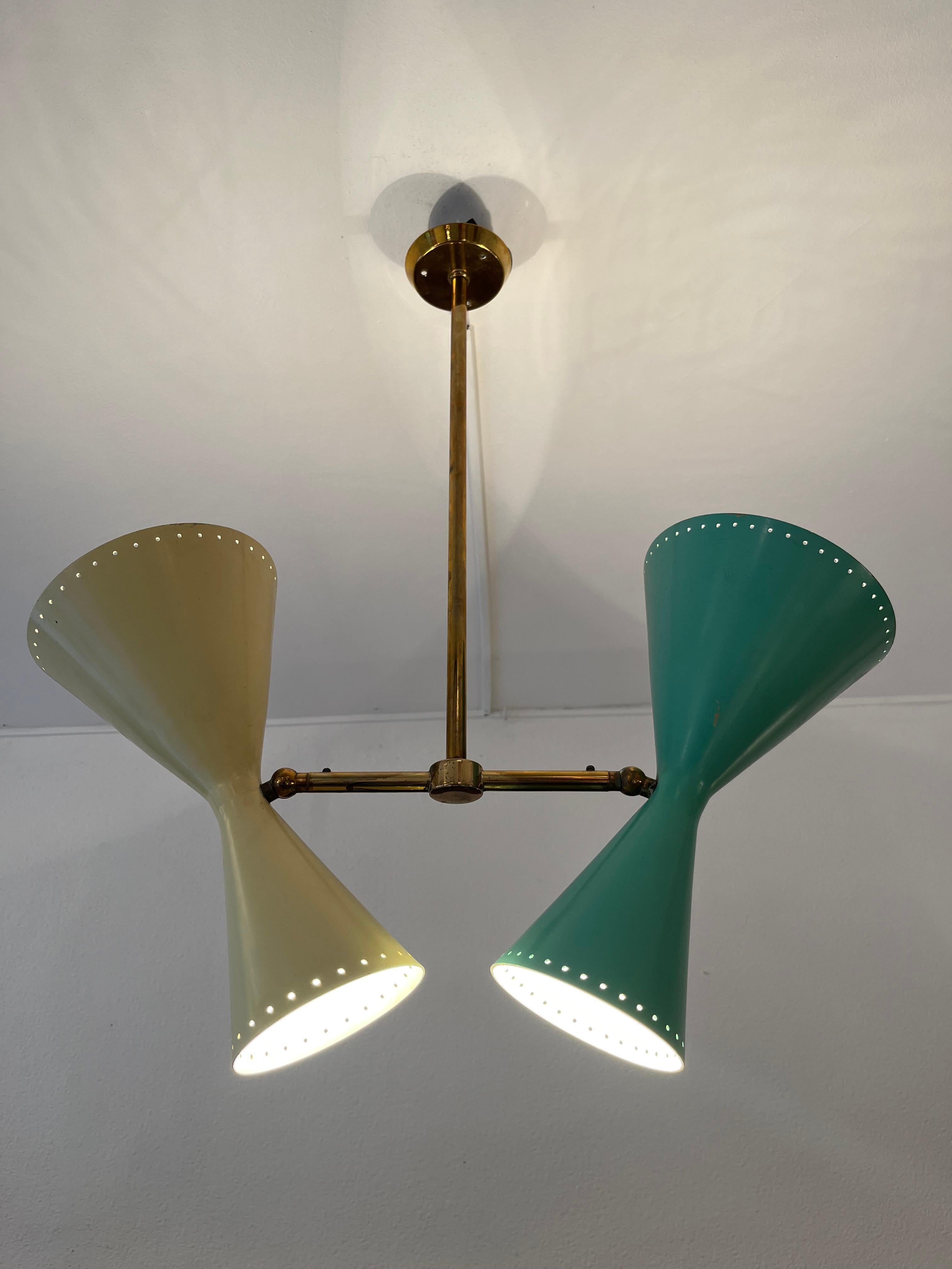 Svizzero Lampada da soffitto doppia regolabile in ottone e alluminio di BAG Turgi, Svizzera, anni '50 in vendita
