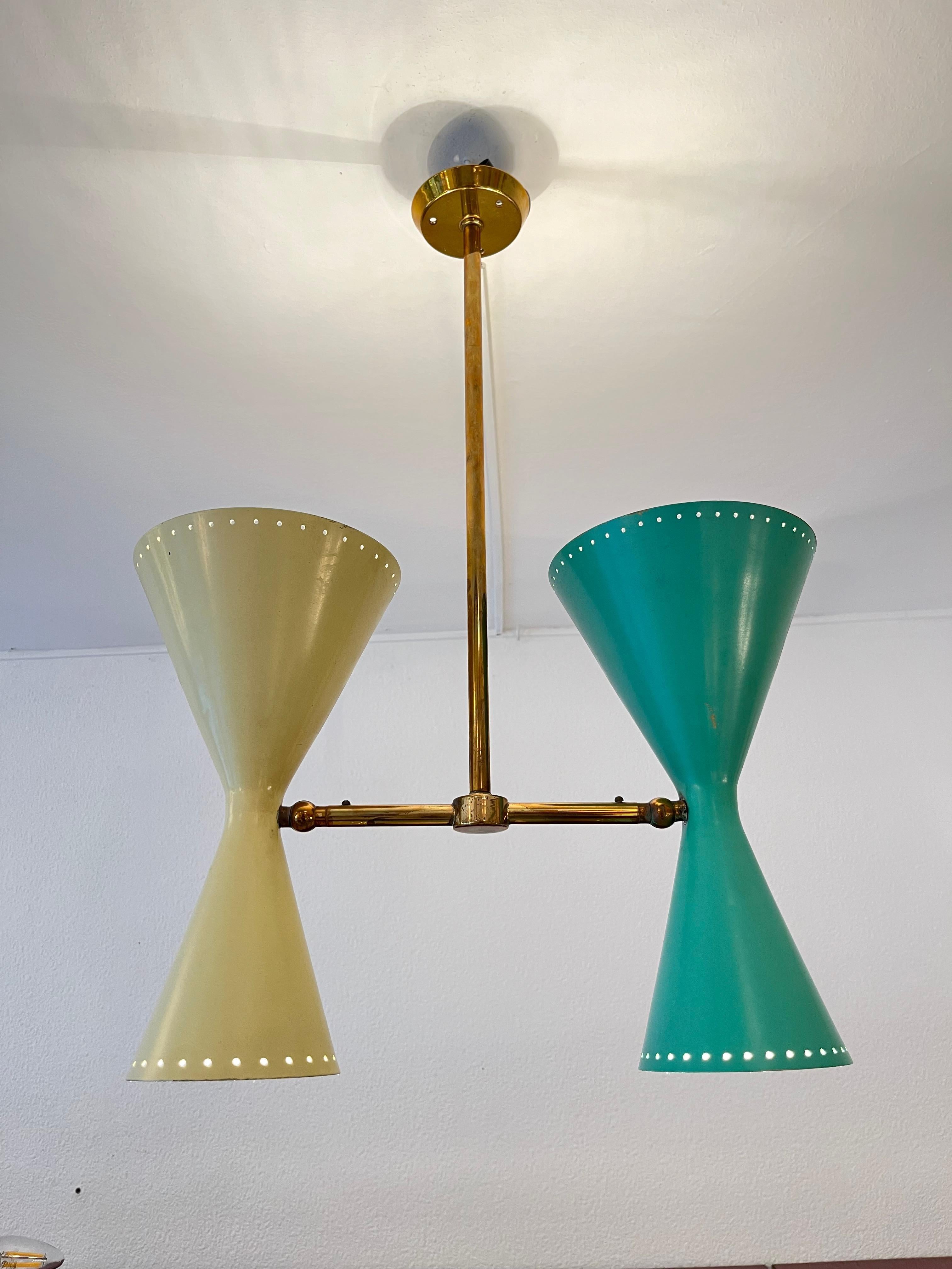 Metà XX secolo Lampada da soffitto doppia regolabile in ottone e alluminio di BAG Turgi, Svizzera, anni '50 in vendita