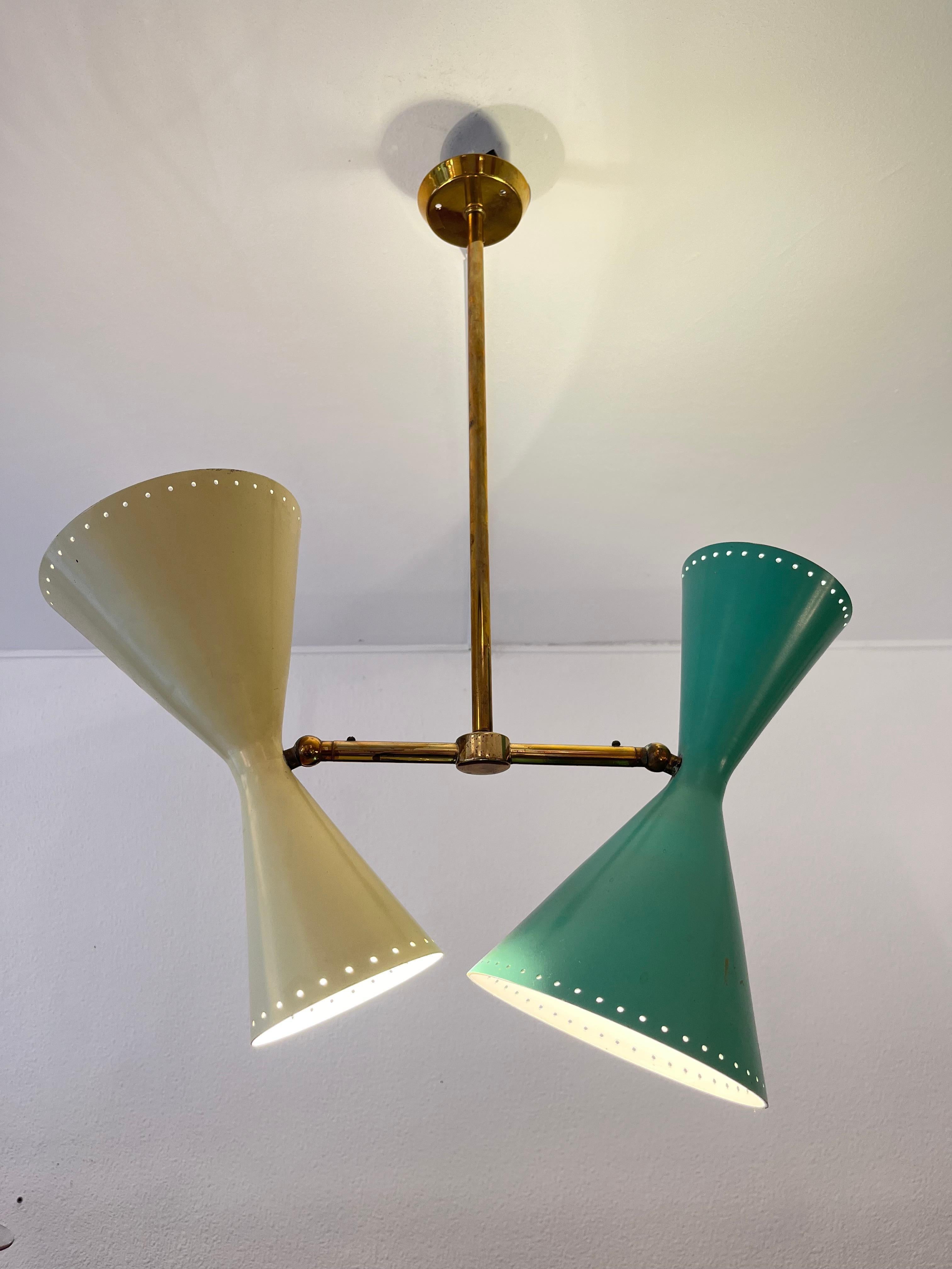 Alluminio Lampada da soffitto doppia regolabile in ottone e alluminio di BAG Turgi, Svizzera, anni '50 in vendita
