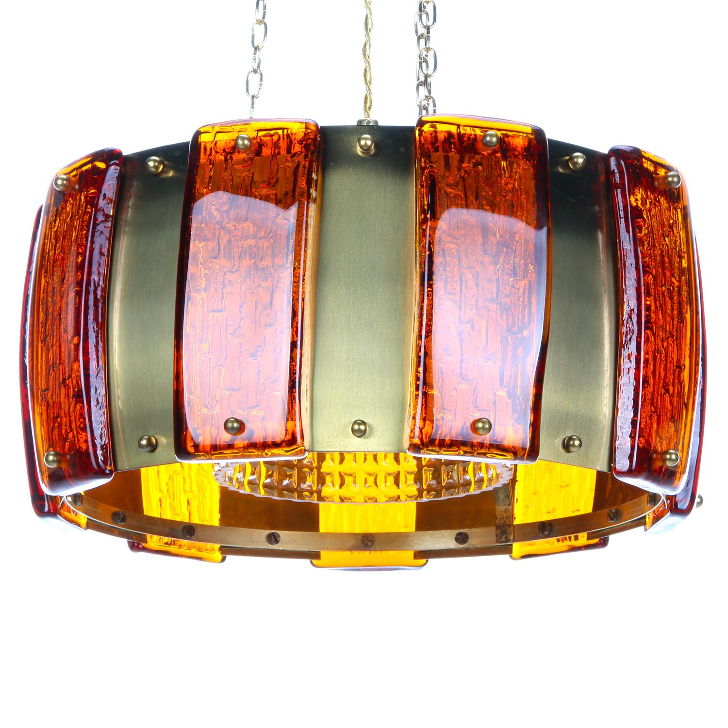 Danish Brass and Amber Pendant Light, 1970s, Pressed Glass and Brass Hanging Lamp