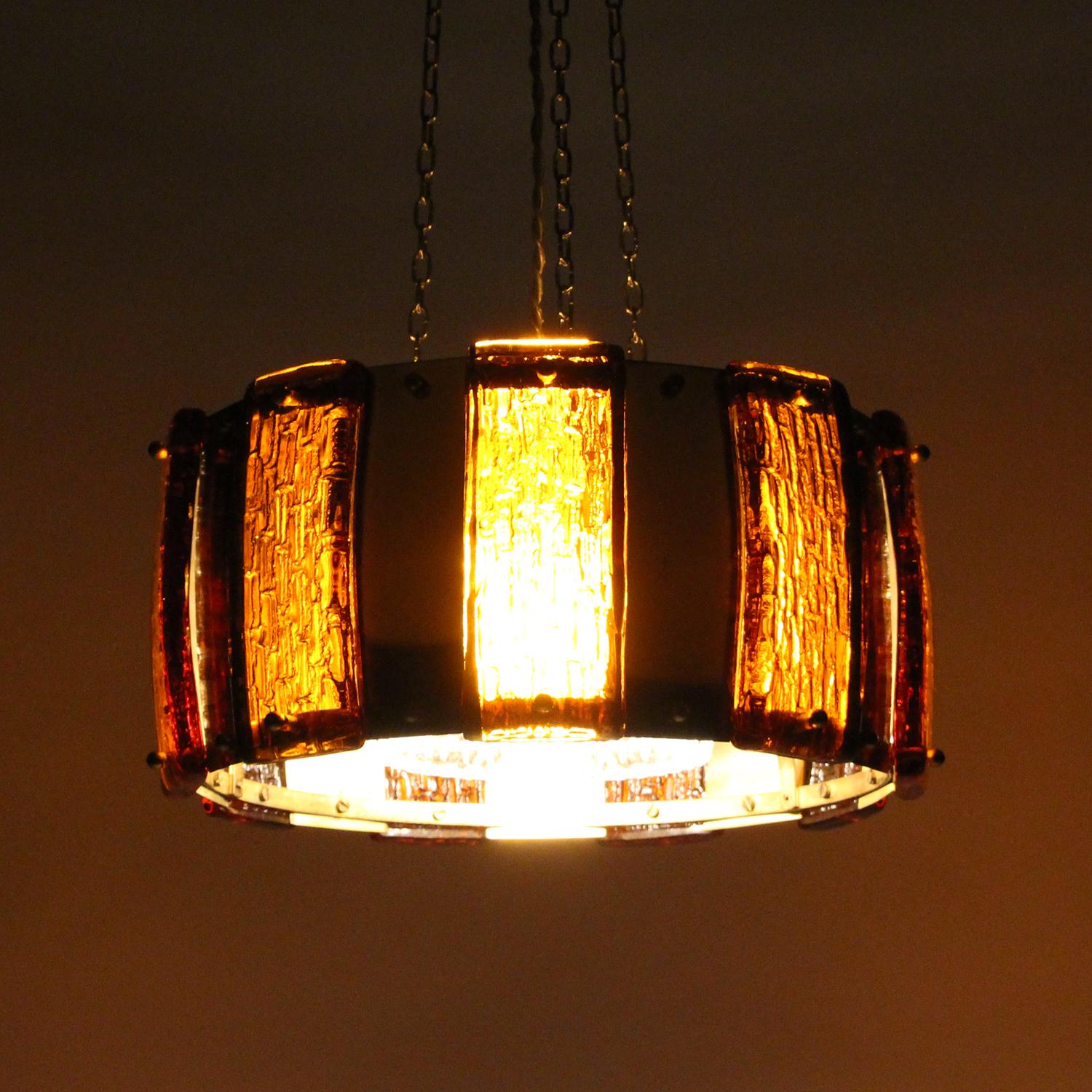 Brass and Amber Pendant Light, 1970s, Pressed Glass and Brass Hanging Lamp In Good Condition In Brondby, Copenhagen