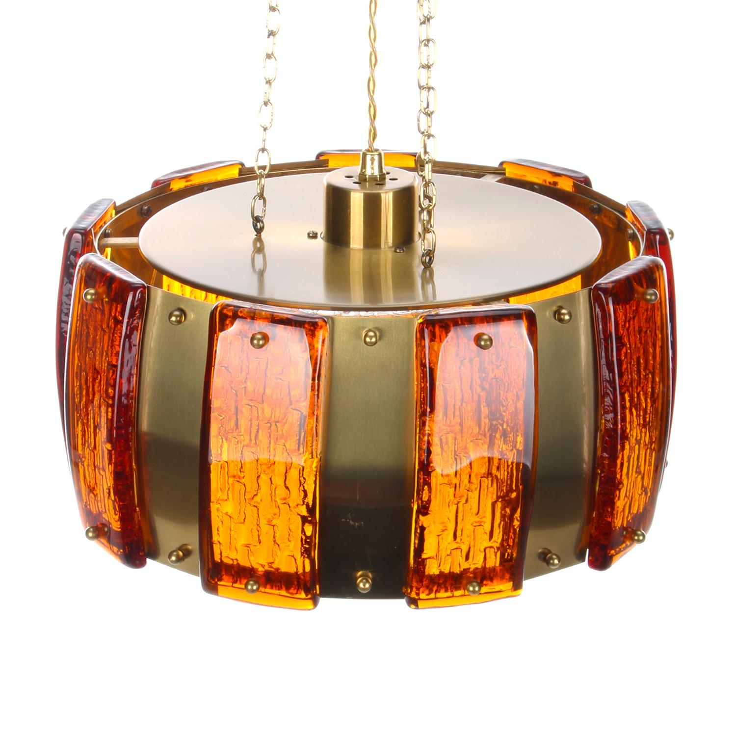 Late 20th Century Brass and Amber Pendant Light, 1970s, Pressed Glass and Brass Hanging Lamp