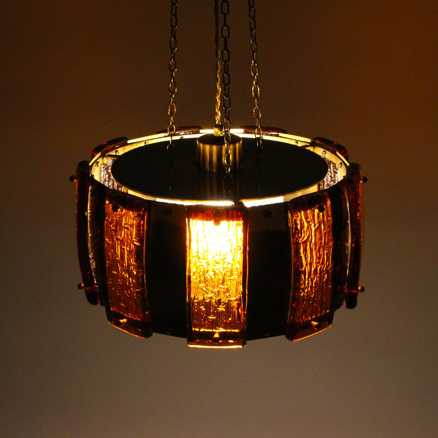 Brass and Amber Pendant Light, 1970s, Pressed Glass and Brass Hanging Lamp 1