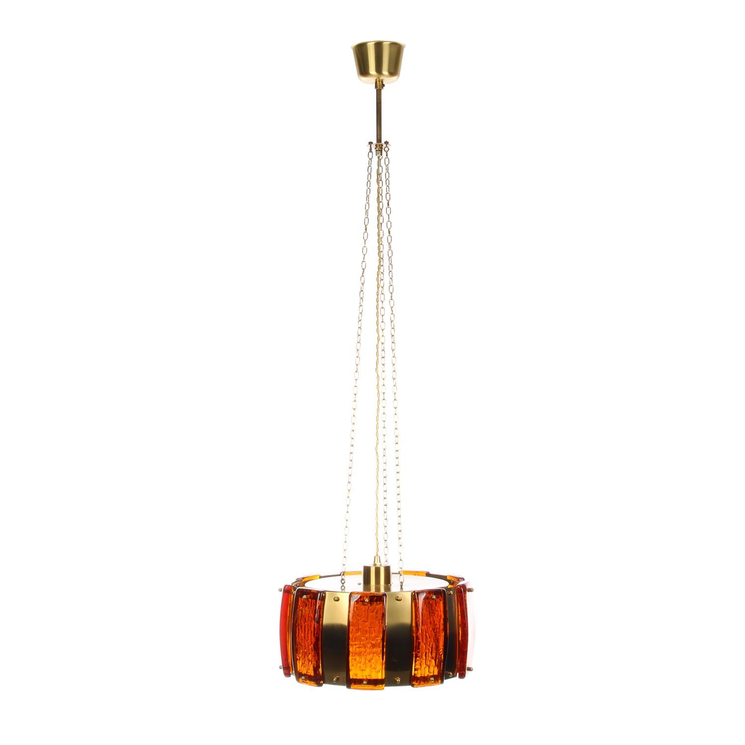 Brass and Amber Pendant Light, 1970s, Pressed Glass and Brass Hanging Lamp 2