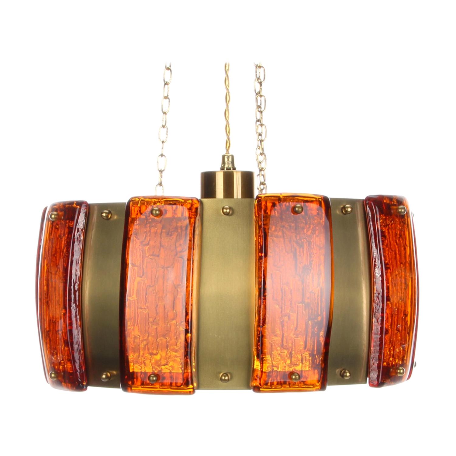 Brass and Amber Pendant Light, 1970s, Pressed Glass and Brass Hanging Lamp