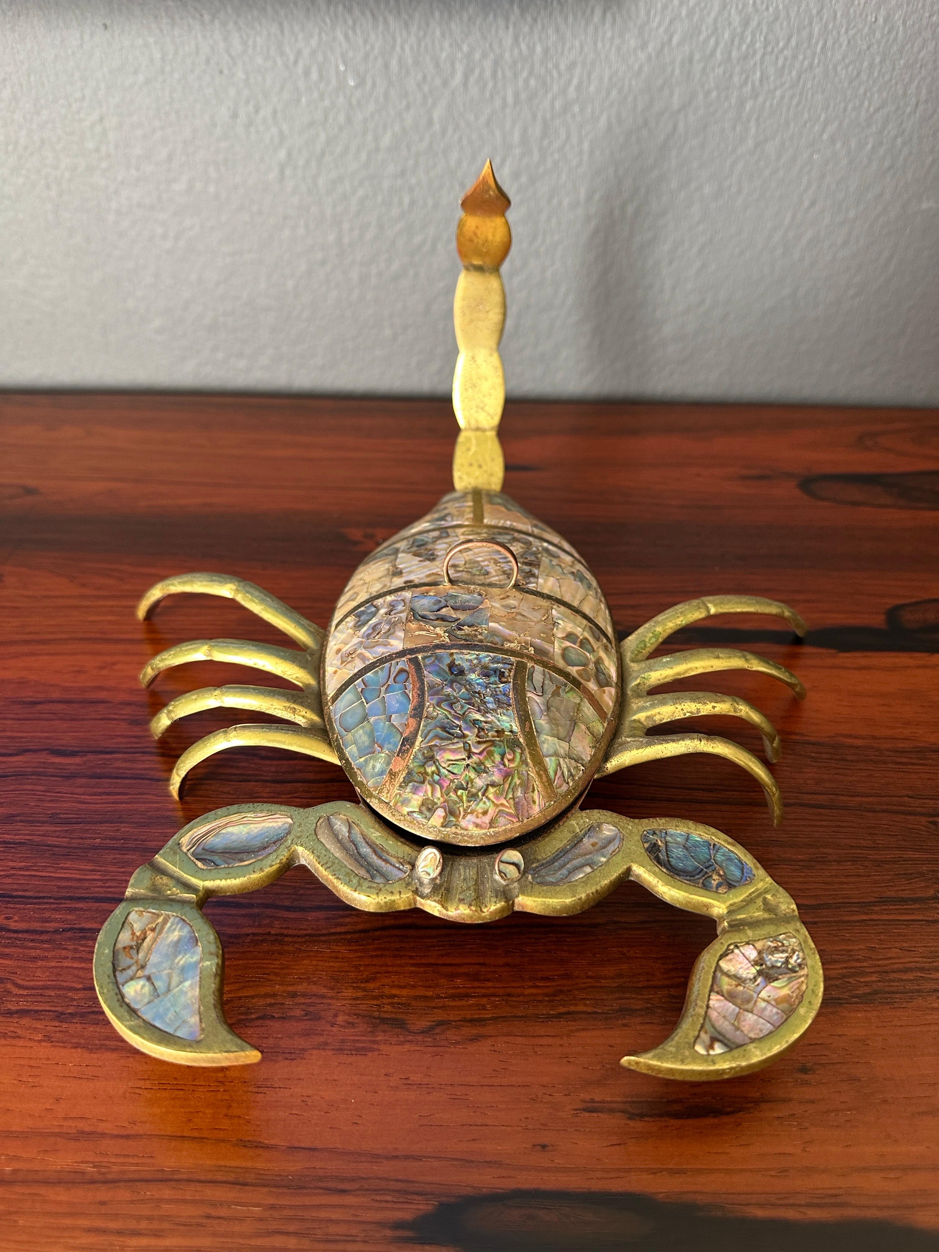 Hollywood Regency Brass and Abalone Shell Scorpion Sculpture Trinket Box For Sale