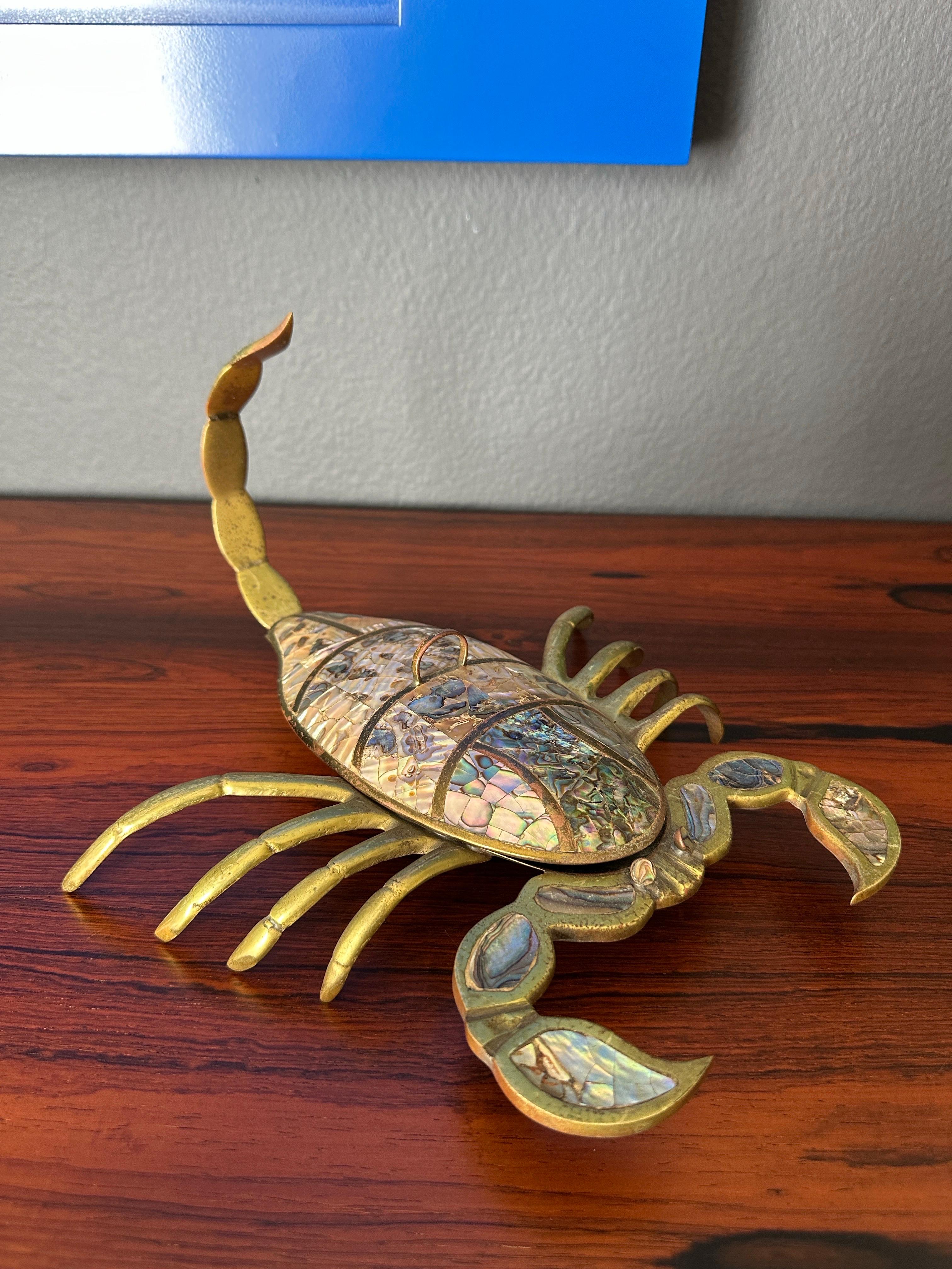 Mexican Brass and Abalone Shell Scorpion Sculpture Trinket Box For Sale