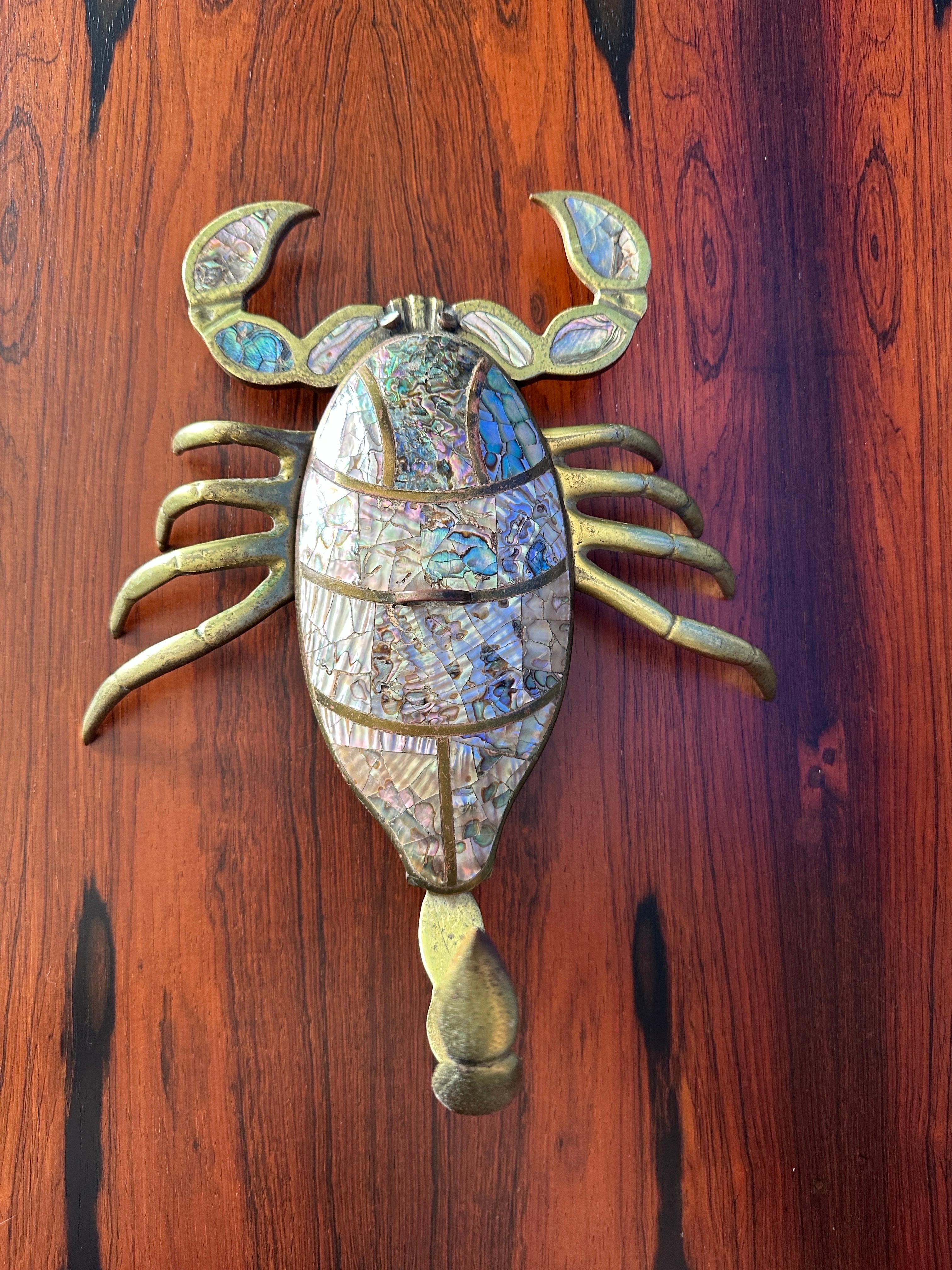 Patinated Brass and Abalone Shell Scorpion Sculpture Trinket Box For Sale