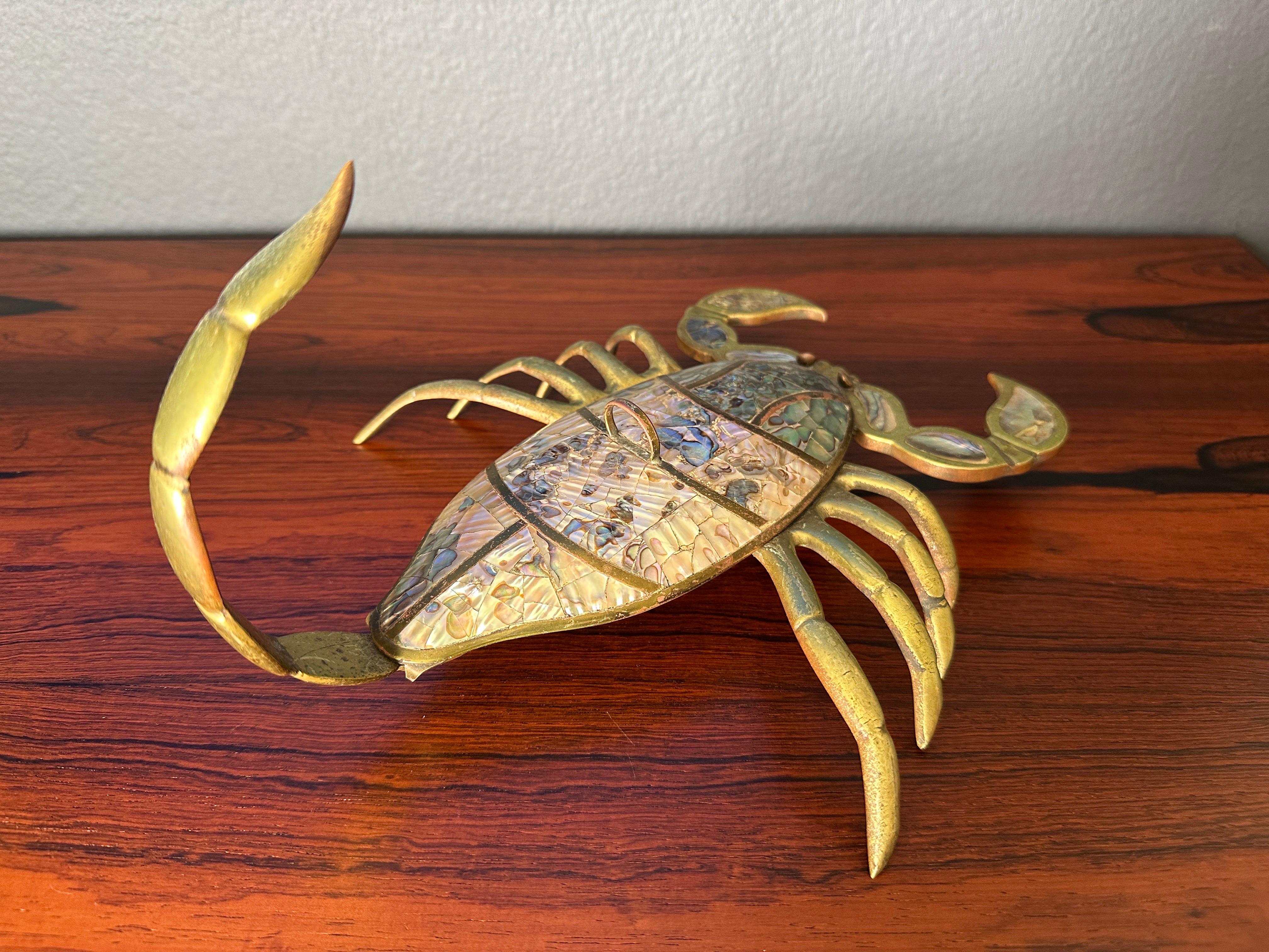 Late 20th Century Brass and Abalone Shell Scorpion Sculpture Trinket Box For Sale