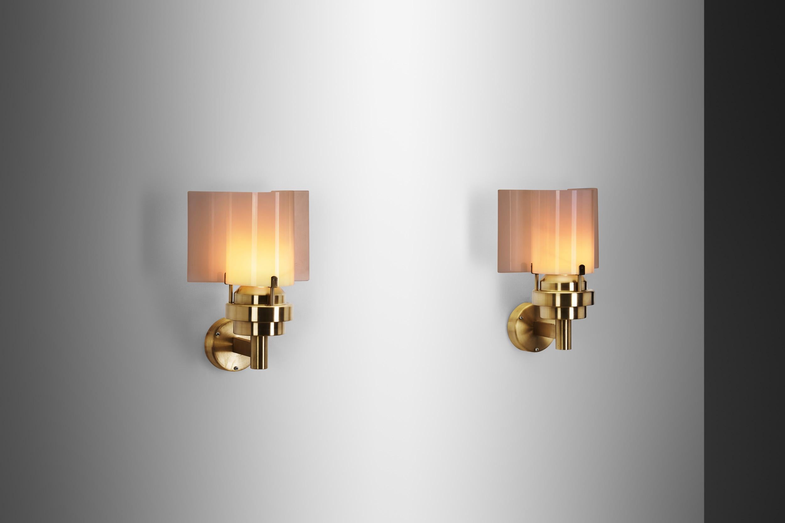 Mid-20th Century Brass and Acrylic Glass Wall Lamps by Stockmann Orno, Finland 1960s For Sale