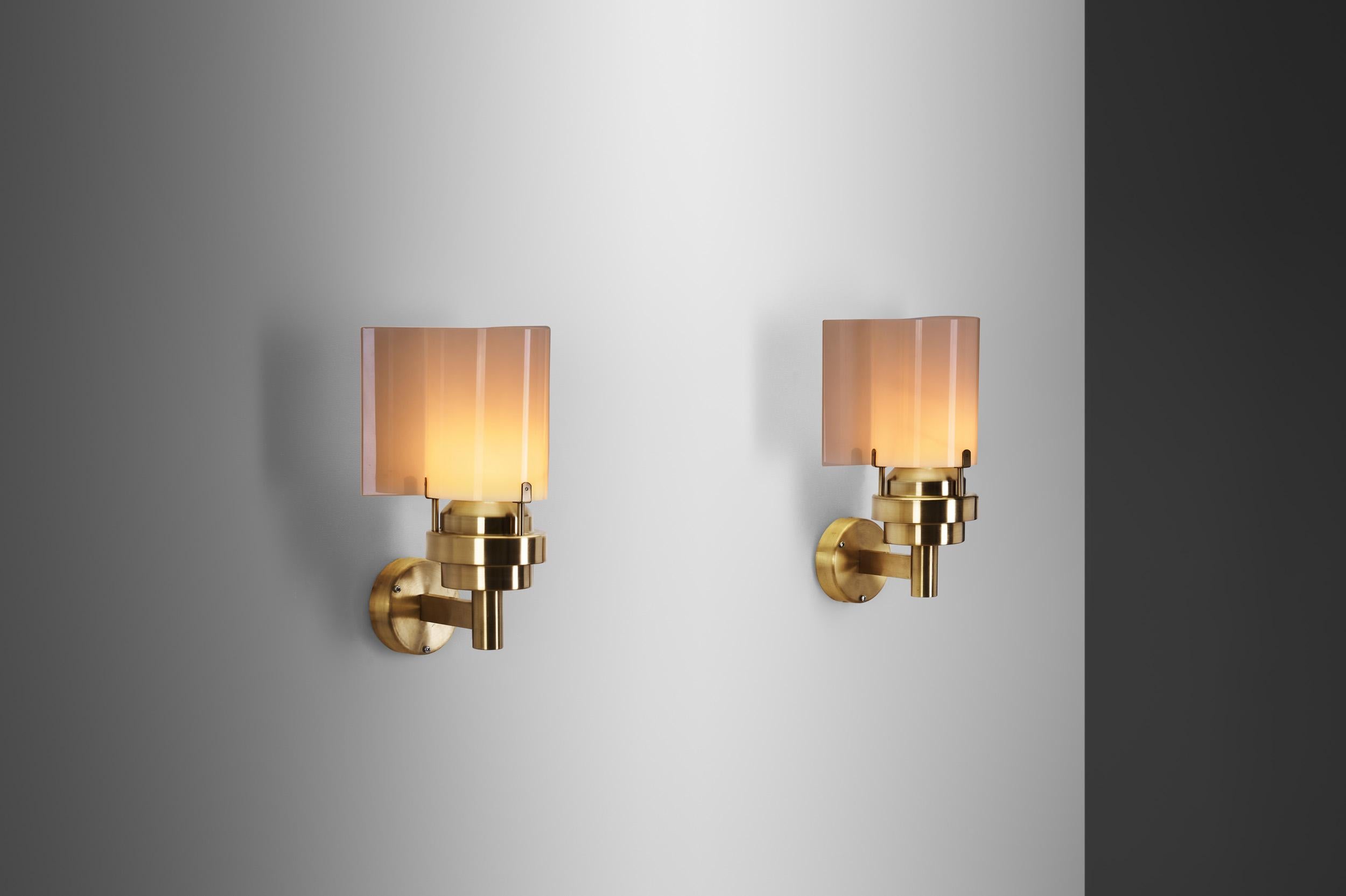 Mid-20th Century Brass and Acrylic Glass Wall Lamps by Stockmann Orno, Finland 1960s For Sale