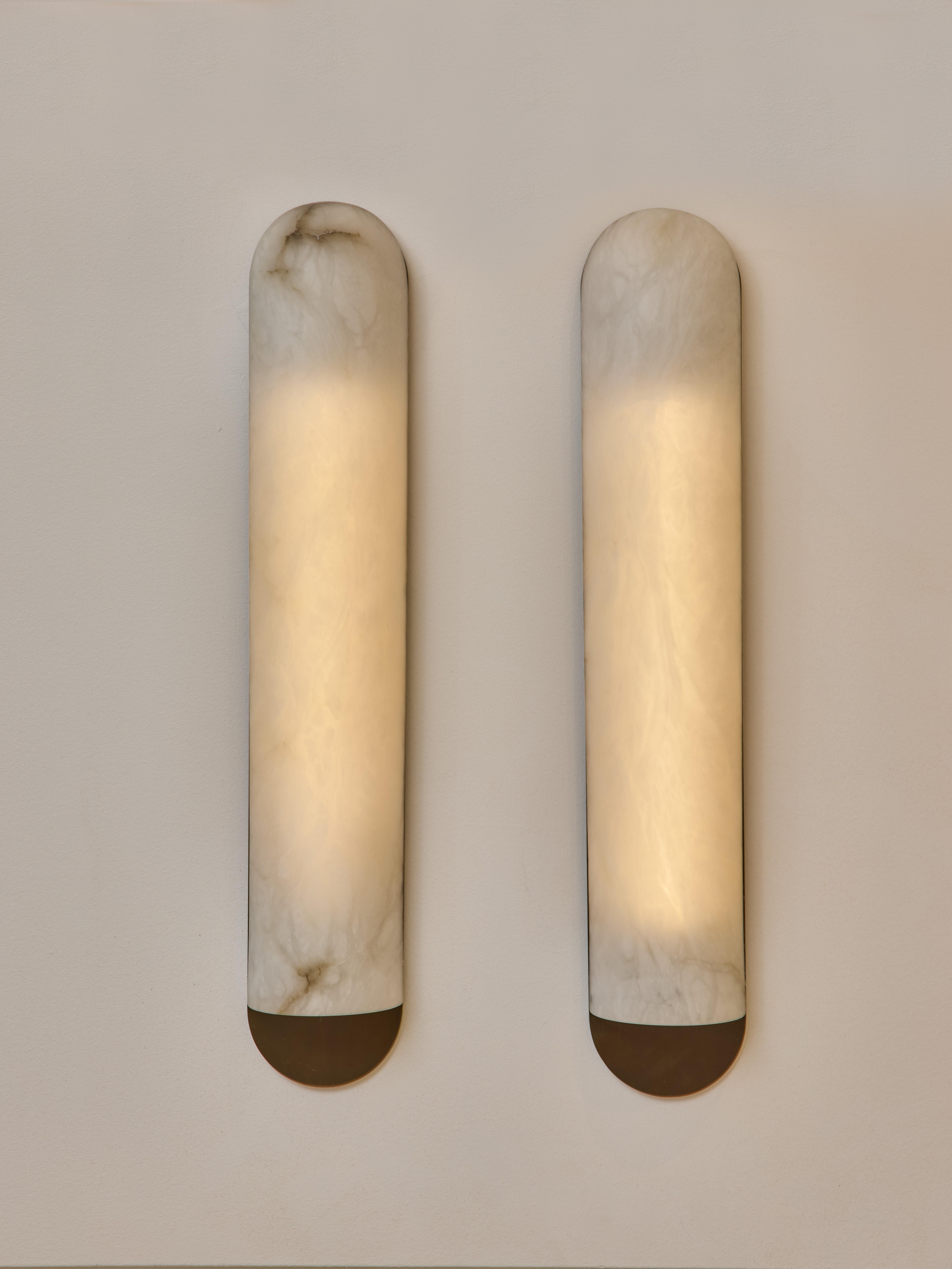 Modern Brass and Alabaster Curved and Long Wall Sconces by Glustin Luminaires For Sale
