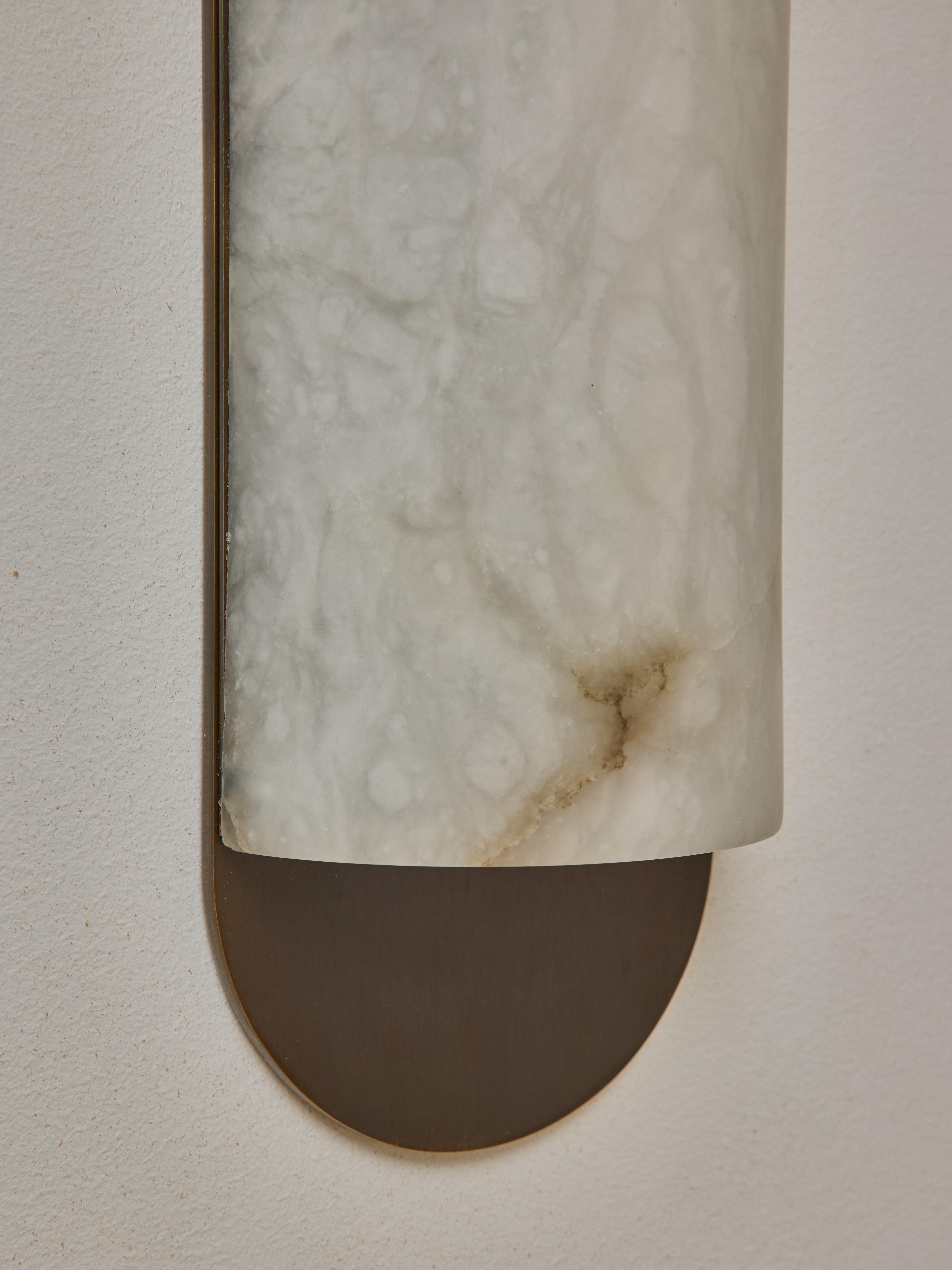 Brass and Alabaster Curved and Long Wall Sconces by Glustin Luminaires In New Condition For Sale In Saint-Ouen, IDF