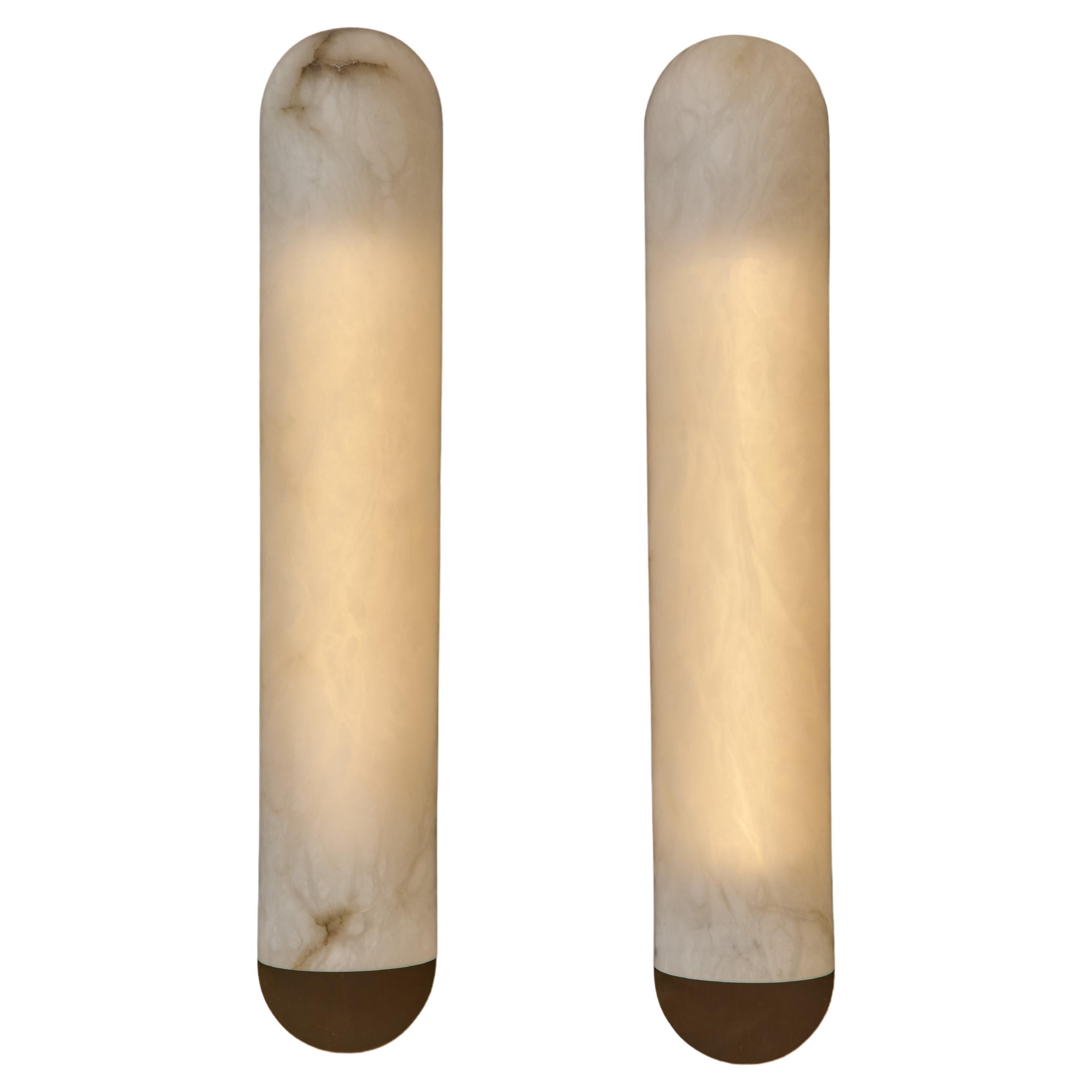Brass and Alabaster Curved and Long Wall Sconces by Glustin Luminaires For Sale