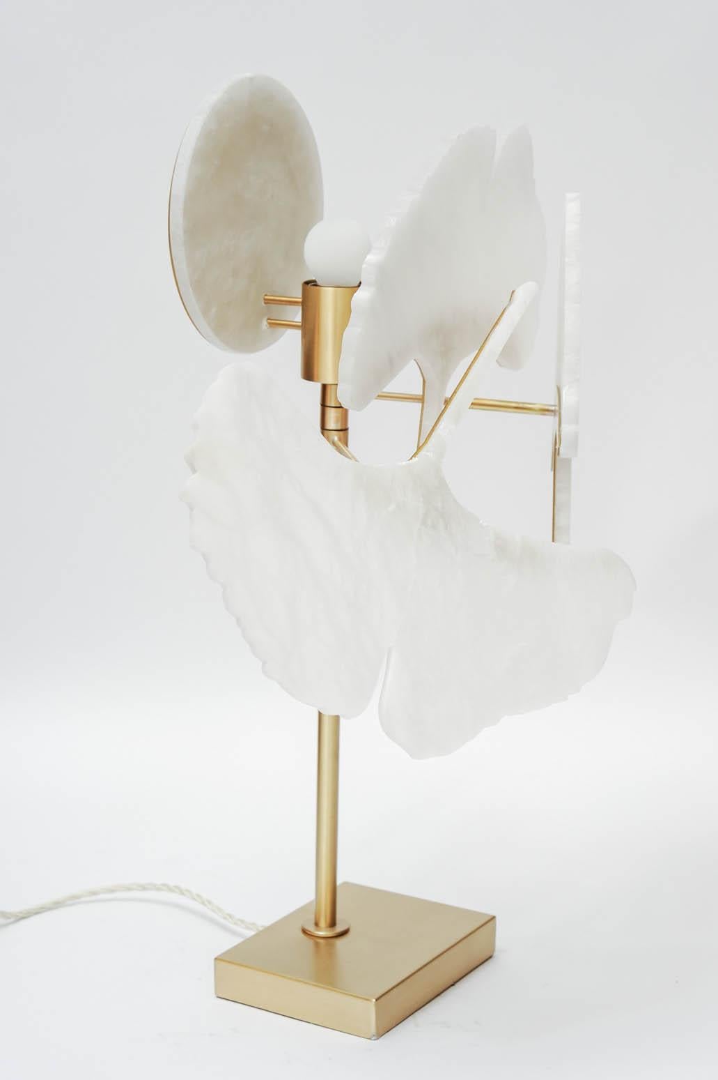 Italian Brass and Alabaster Gingko Table Lamps by Glustin Luminaires For Sale