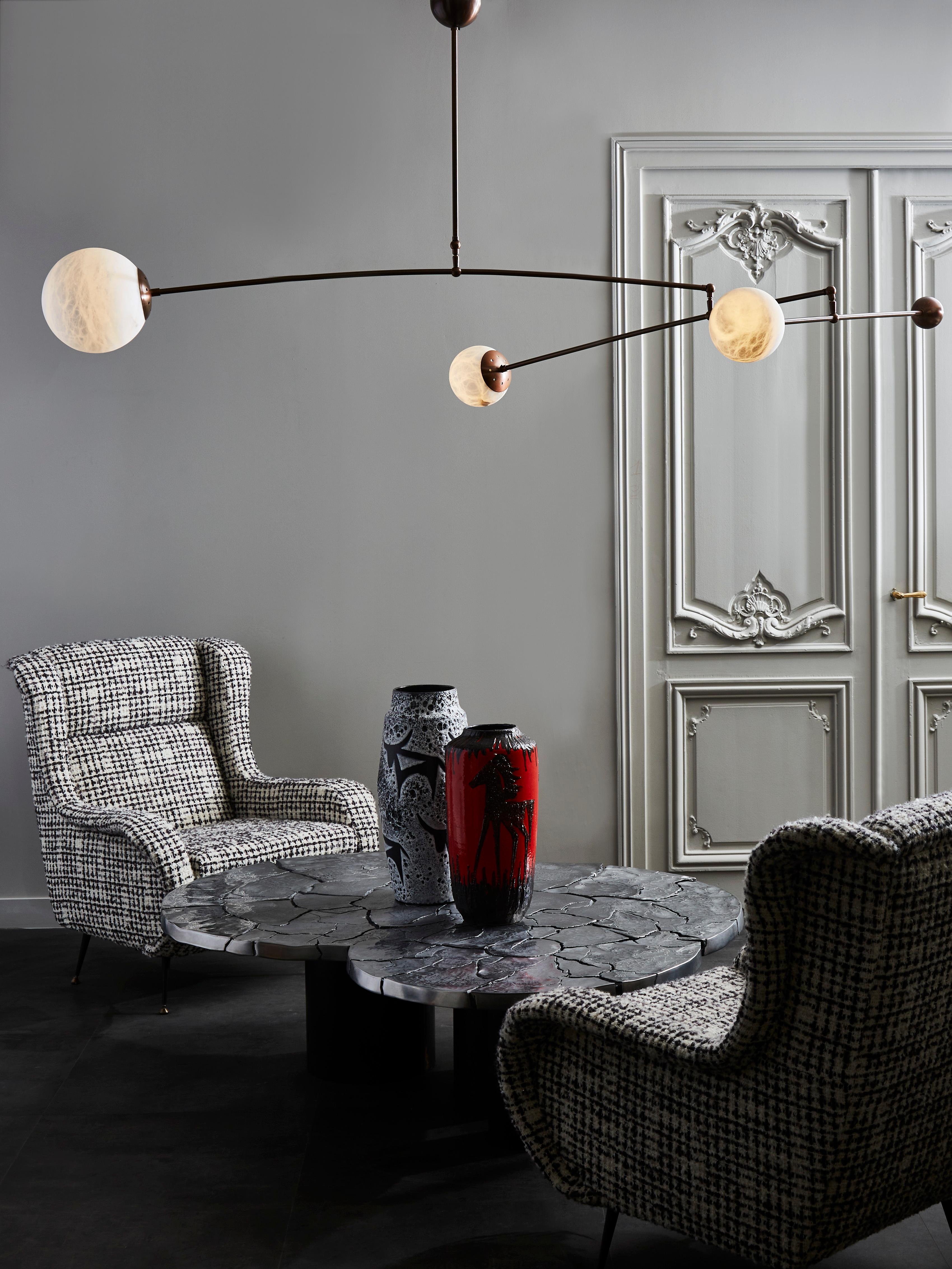 Italian Brass and Alabaster Three Globes Mobile Chandelier by Glustin Luminaires