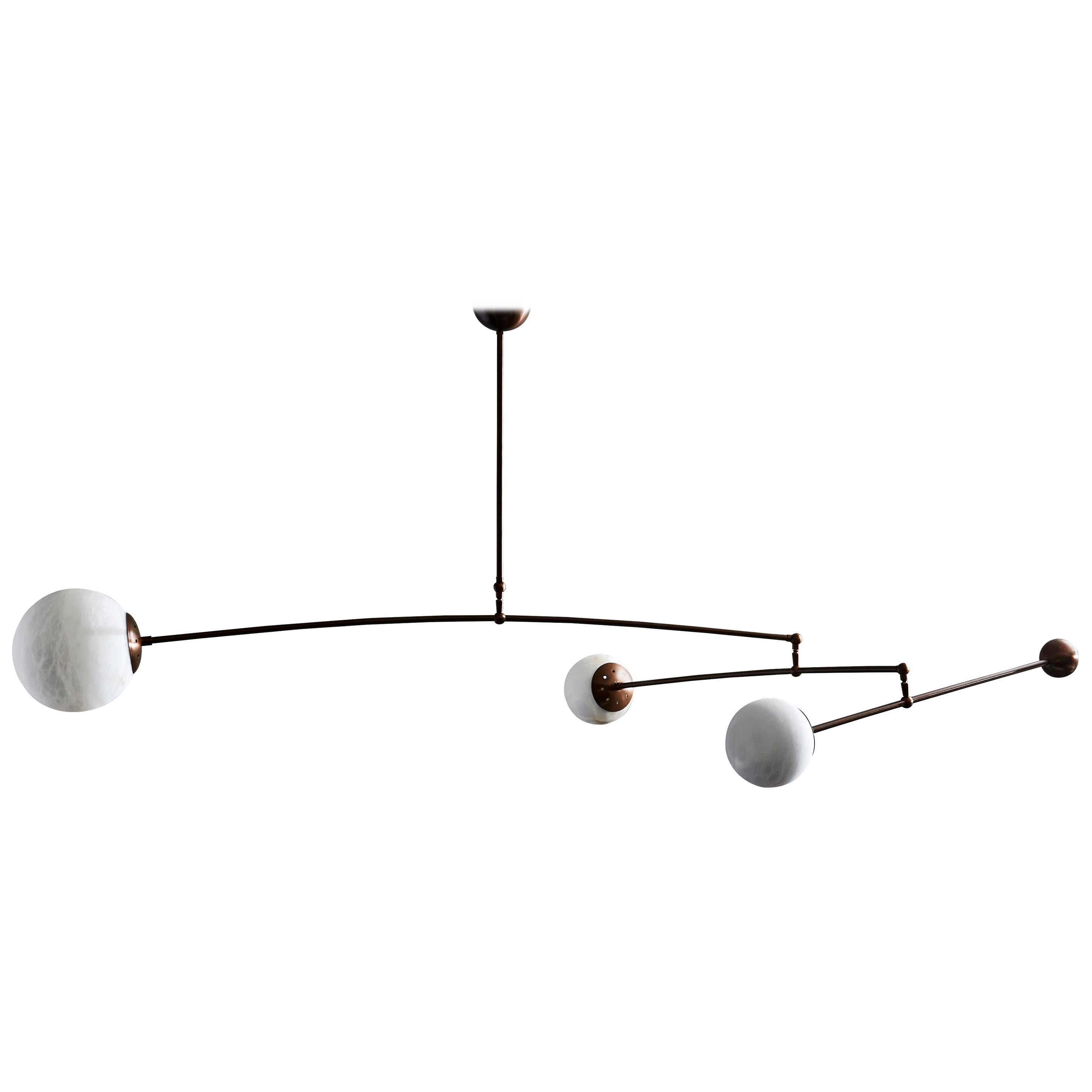 Brass and Alabaster Three Globes Mobile Chandelier by Glustin Luminaires