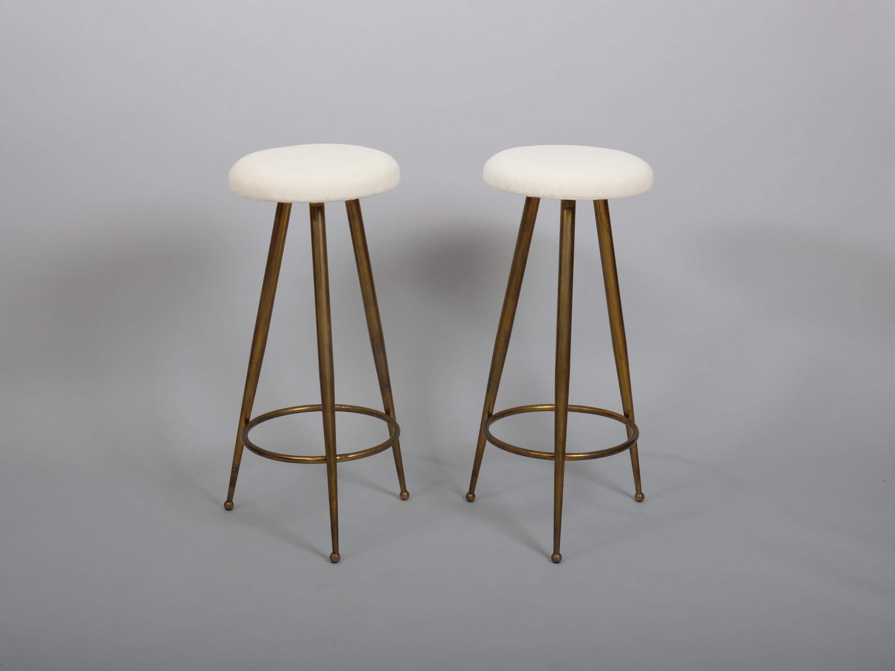 Mid-Century Modern Brass and alpaca velvet bar stools. Attributed to Gio Ponti Italy c1950 For Sale