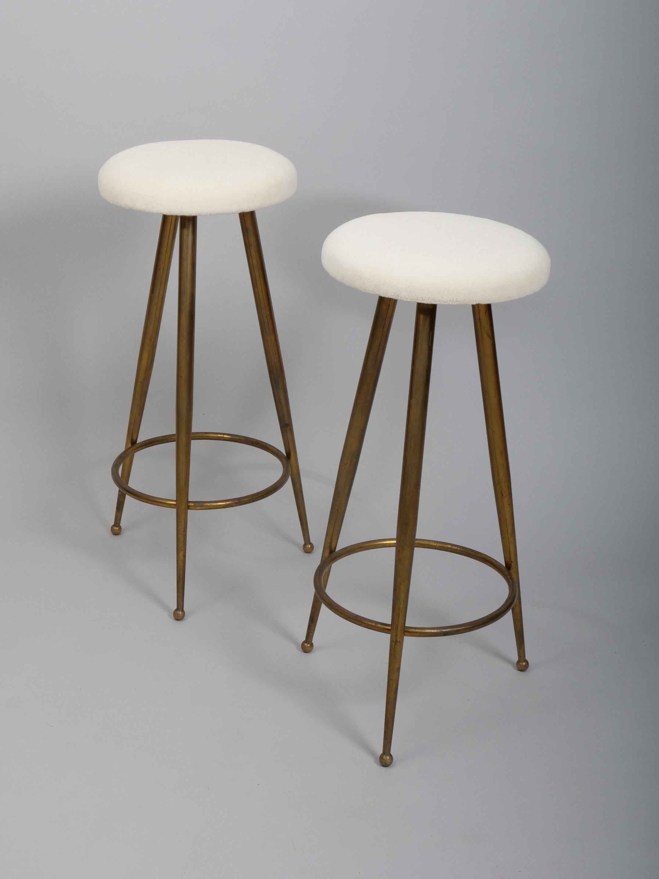 Italian Brass and alpaca velvet bar stools. Attributed to Gio Ponti Italy c1950 For Sale