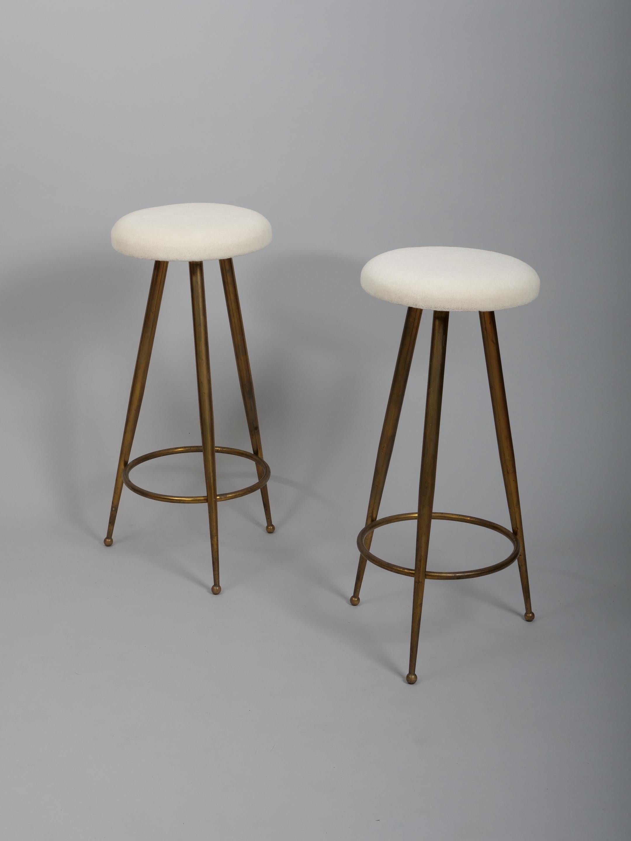 Brass and alpaca velvet bar stools. Attributed to Gio Ponti Italy c1950 In Good Condition For Sale In London, GB