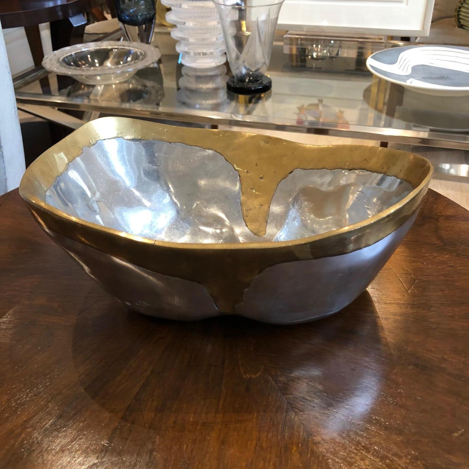 Brass and Aluminium Brutalist Style Metal Bowl by David Marshall, circa 1970s In Excellent Condition In New York, NY