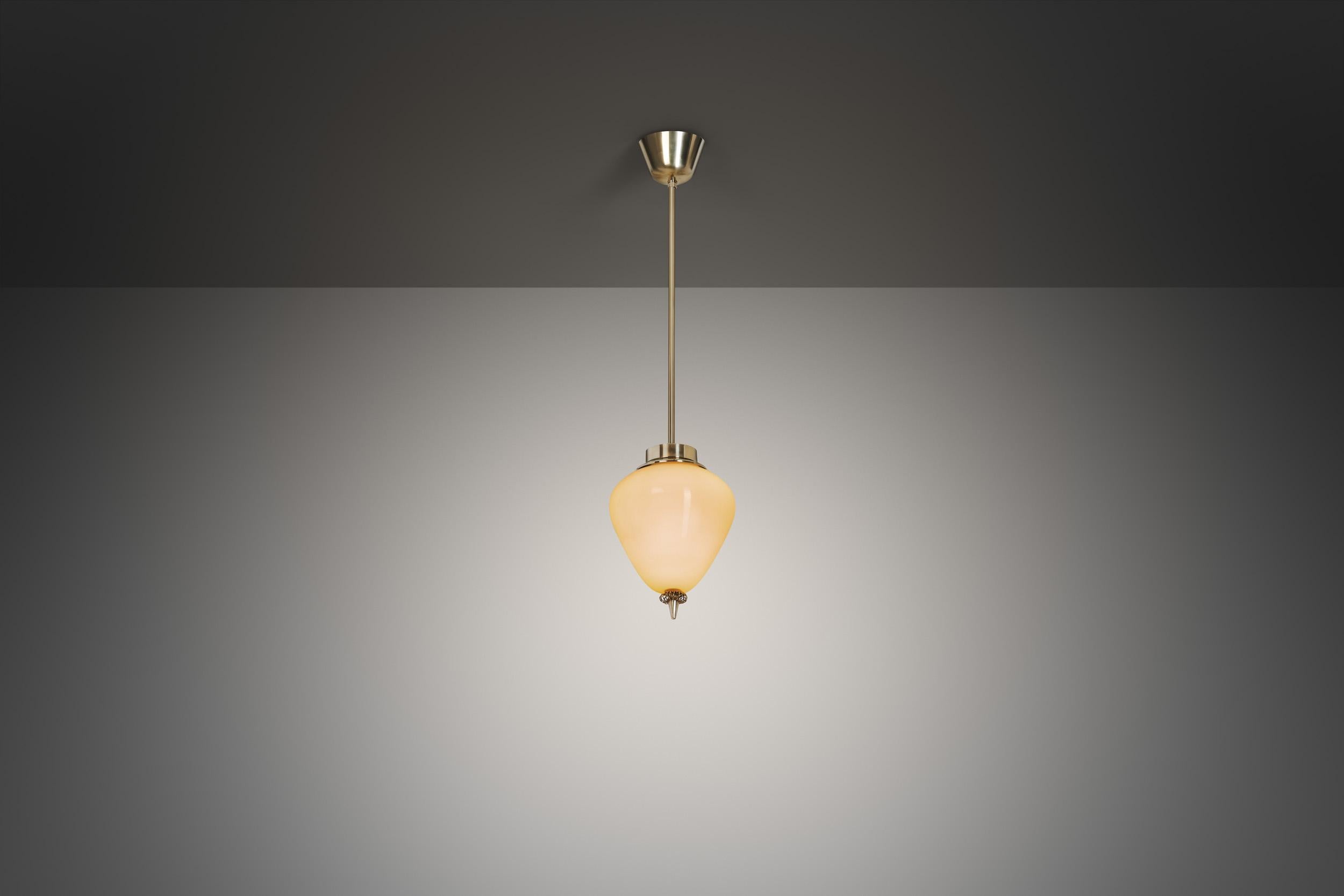 Mid-20th Century Brass and Amber Tinted Glass Hanging Lamp by Idman, Finland Mid 20th century For Sale