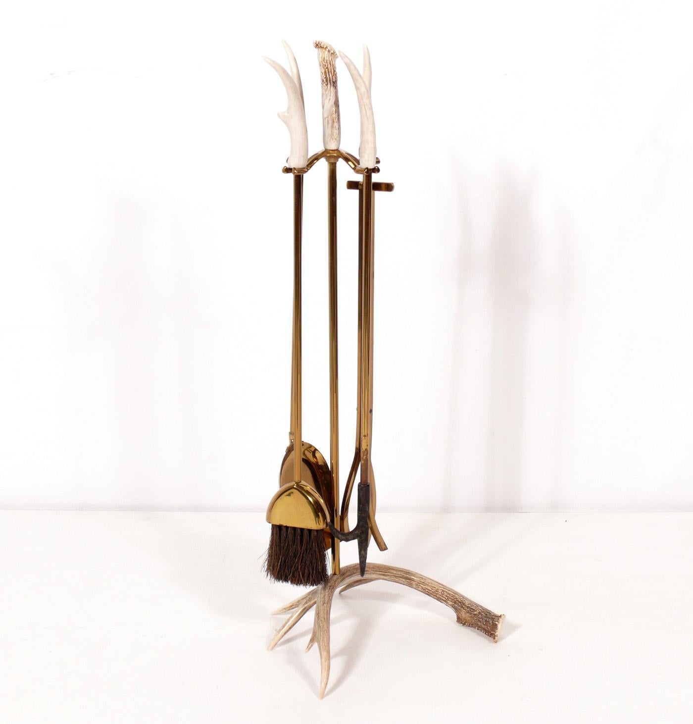 Mid-Century Modern Brass and Antler Fire Tools