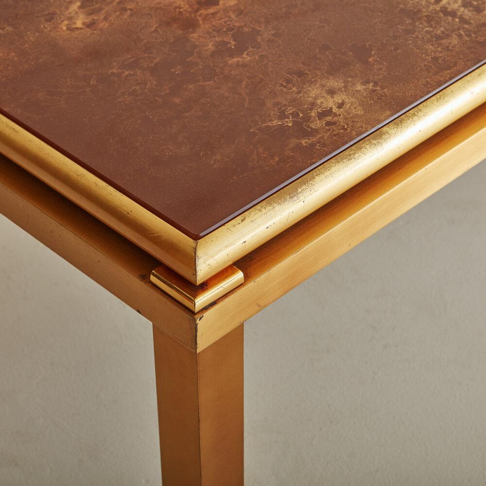 Mid-Century Modern Brass and Back-Painted Glass Top Coffee Table in the Style of Guy Lefevre