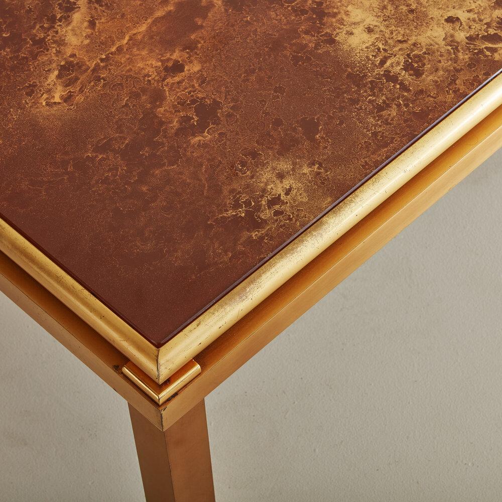 Brass and Back-Painted Glass Top Coffee Table in the Style of Guy Lefevre In Good Condition In Chicago, IL