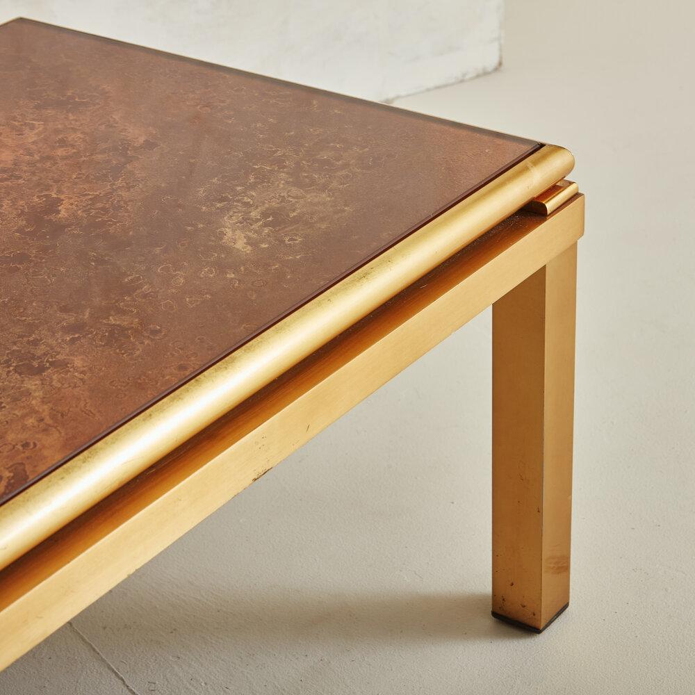 Late 20th Century Brass and Back-Painted Glass Top Coffee Table in the Style of Guy Lefevre