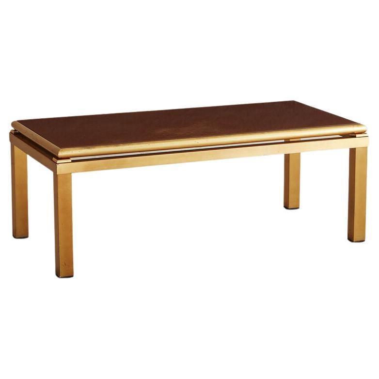 Brass and Back-Painted Glass Top Coffee Table in the Style of Guy Lefevre
