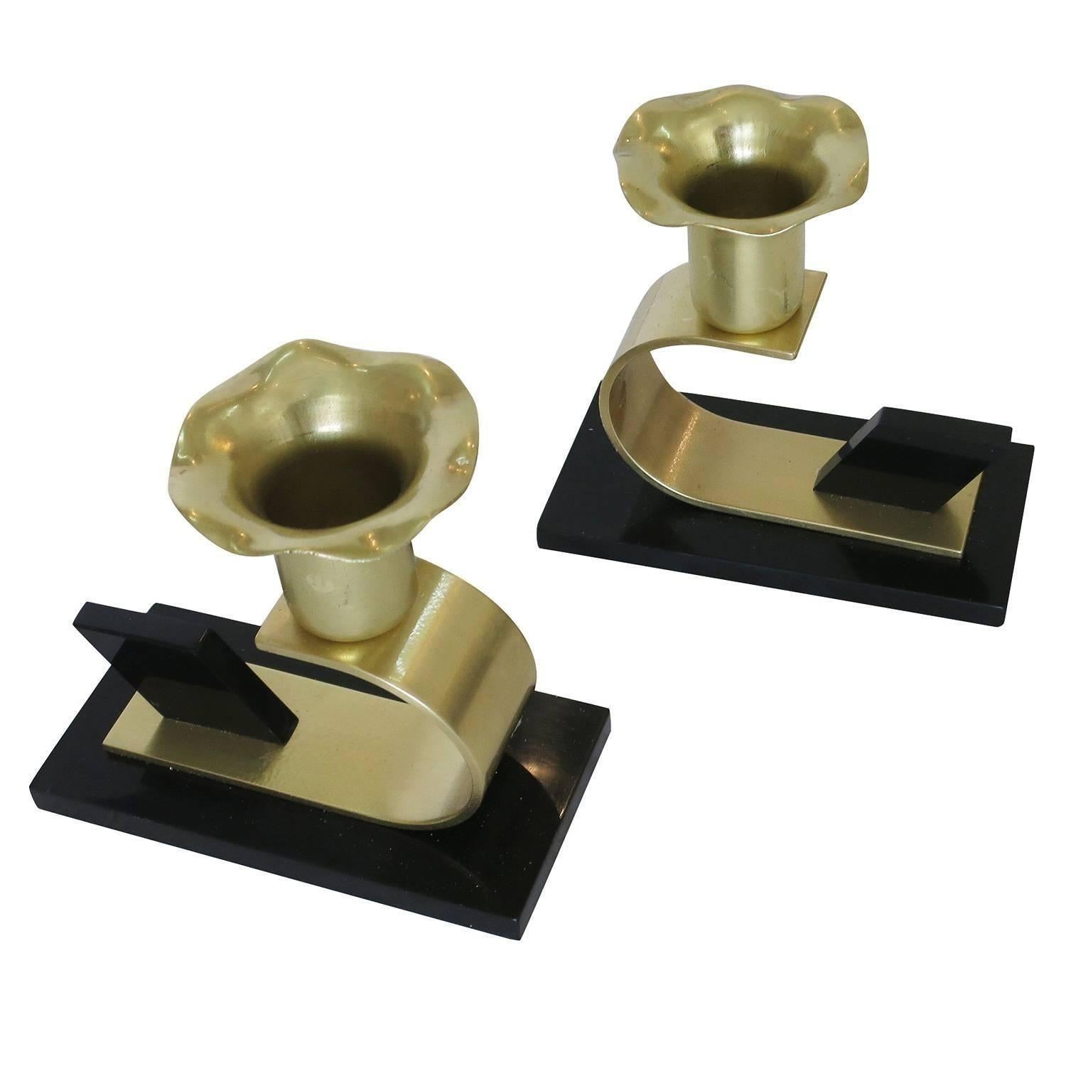 Brass and Bakelite Candlestick holders by Chase Brass - a Pair For Sale 4