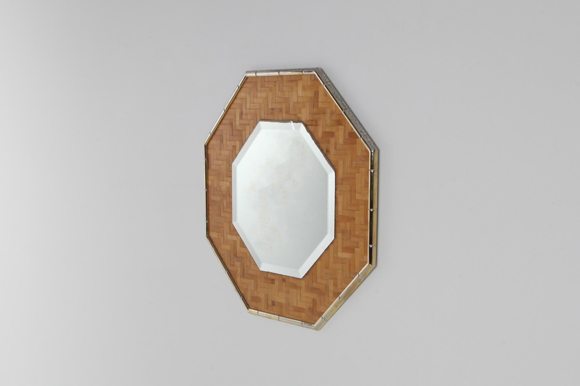 Hollywood Regency Brass and Bamboo Octagonal Mirror