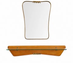Specchio in ottone e Beeche con mensola da parete, set in stile Mid-Century attribuito a Gio Ponti