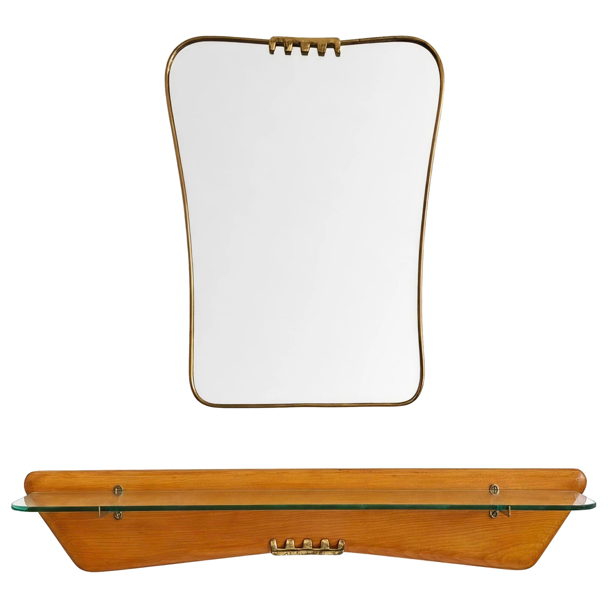 Spiegel aus Messing und Beeche mit Wandkonsole, Set aus der Mitte des Jahrhunderts, Gio Ponti zugeschrieben