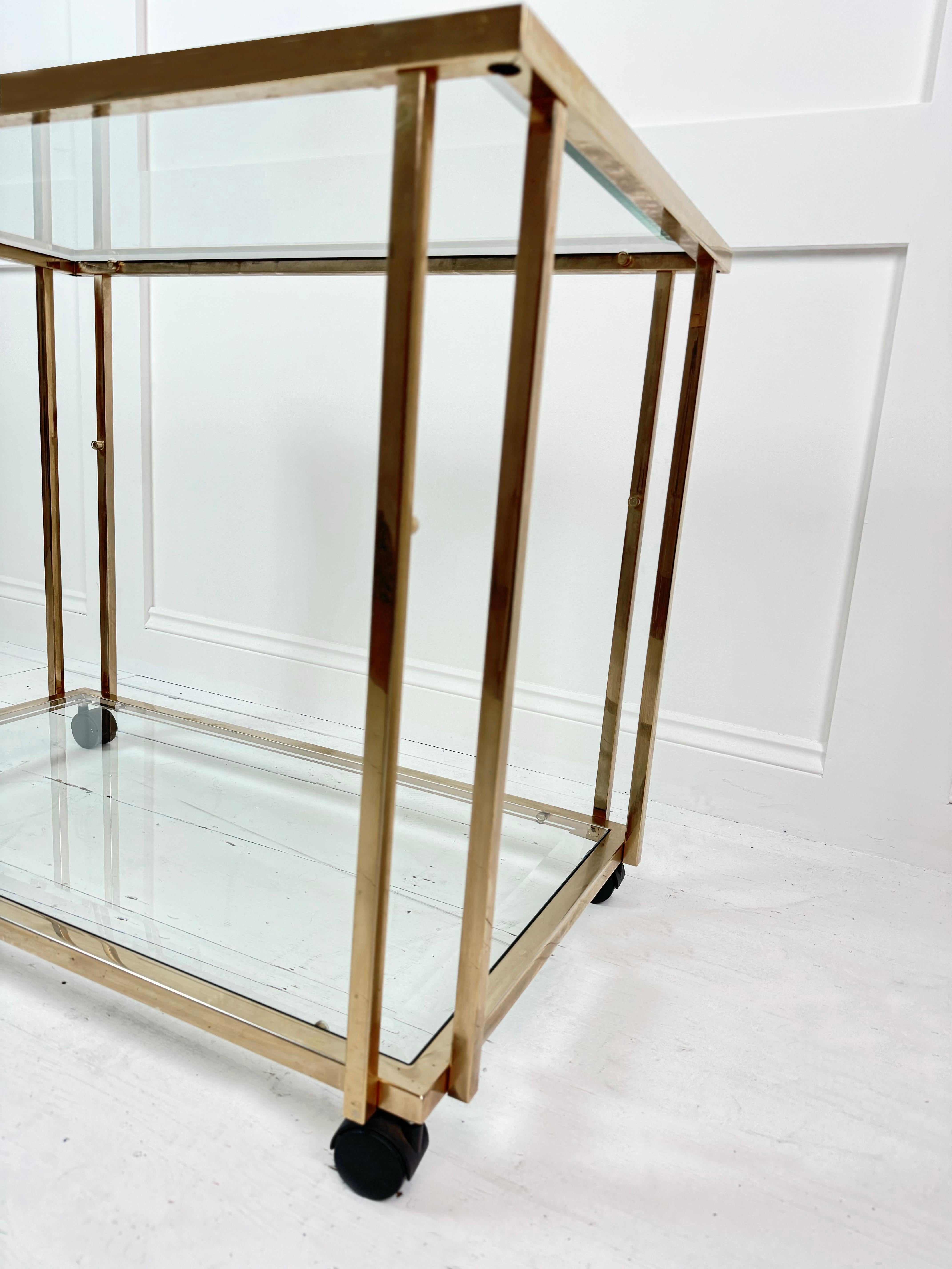 Metalwork Brass And Bevel Glass Top Drinks Trolley, Belgium c. 1980's For Sale