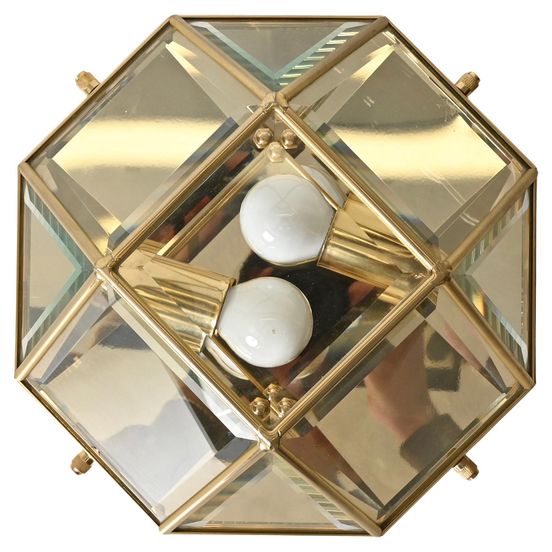 Brass and Beveled Glass Flush Mount Lamps, Fontana Arte, Italy, 1970s