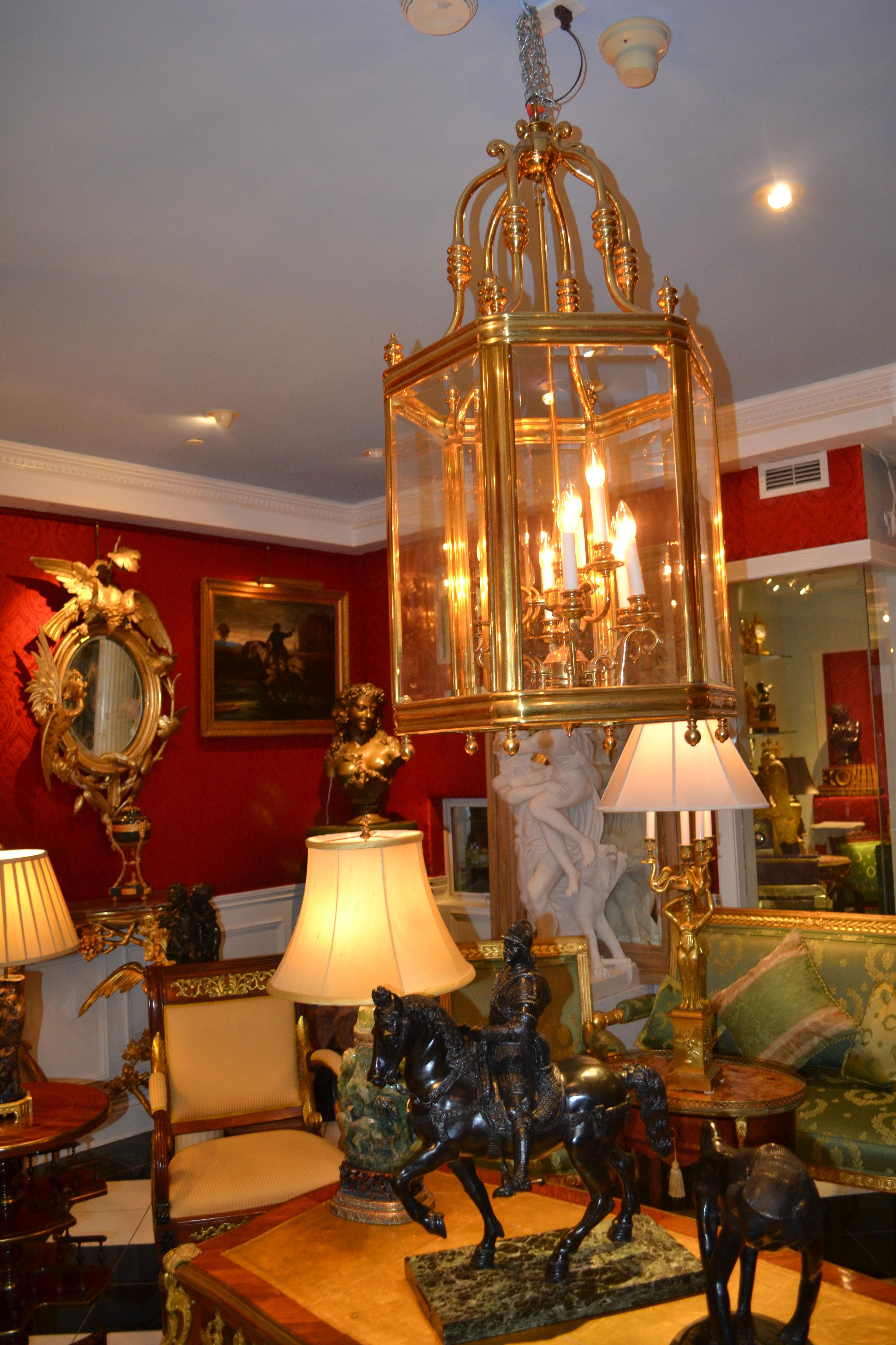 20th Century Brass and Beveled Glass Hall Lantern For Sale