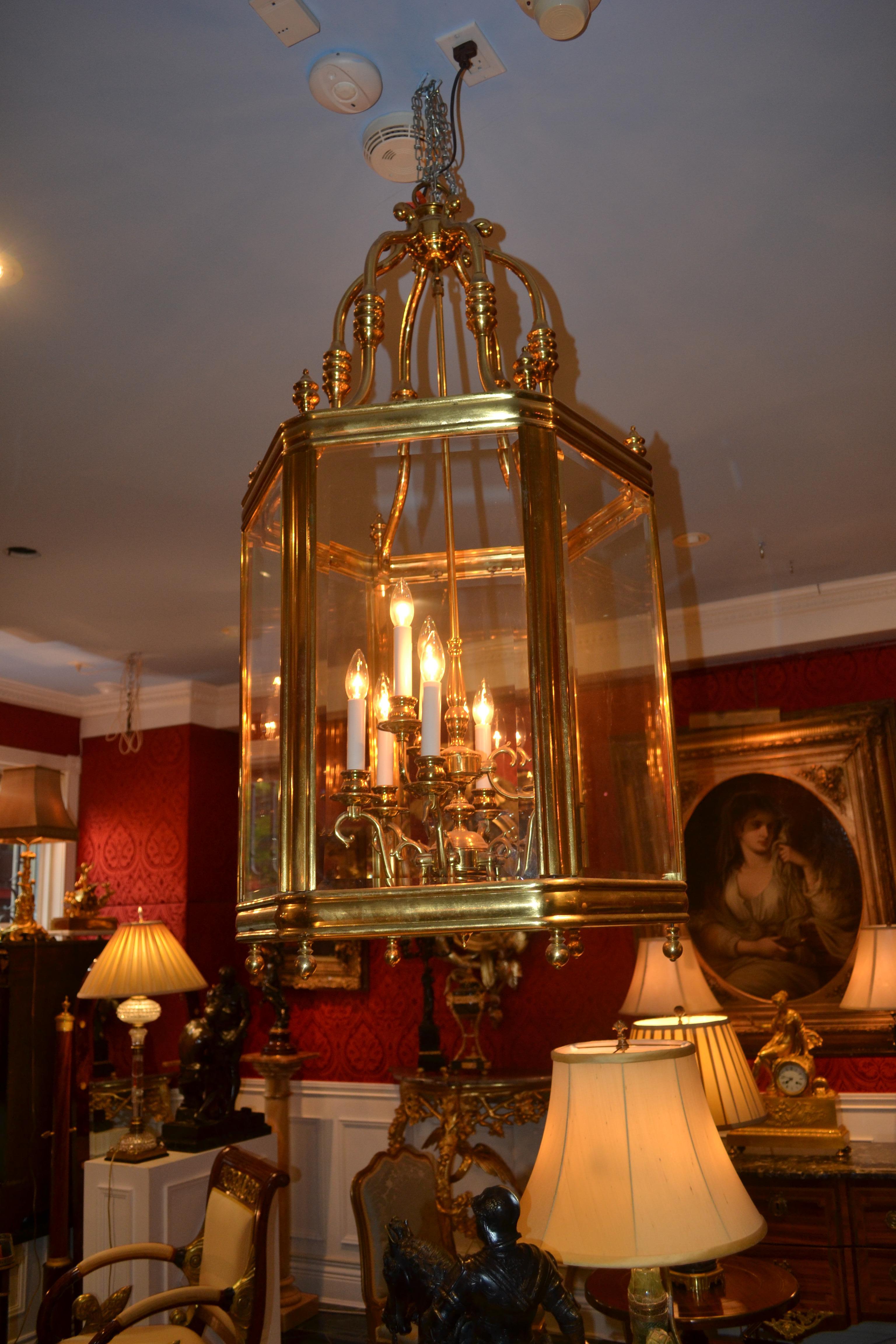 Brass and Beveled Glass Hall Lantern For Sale 2