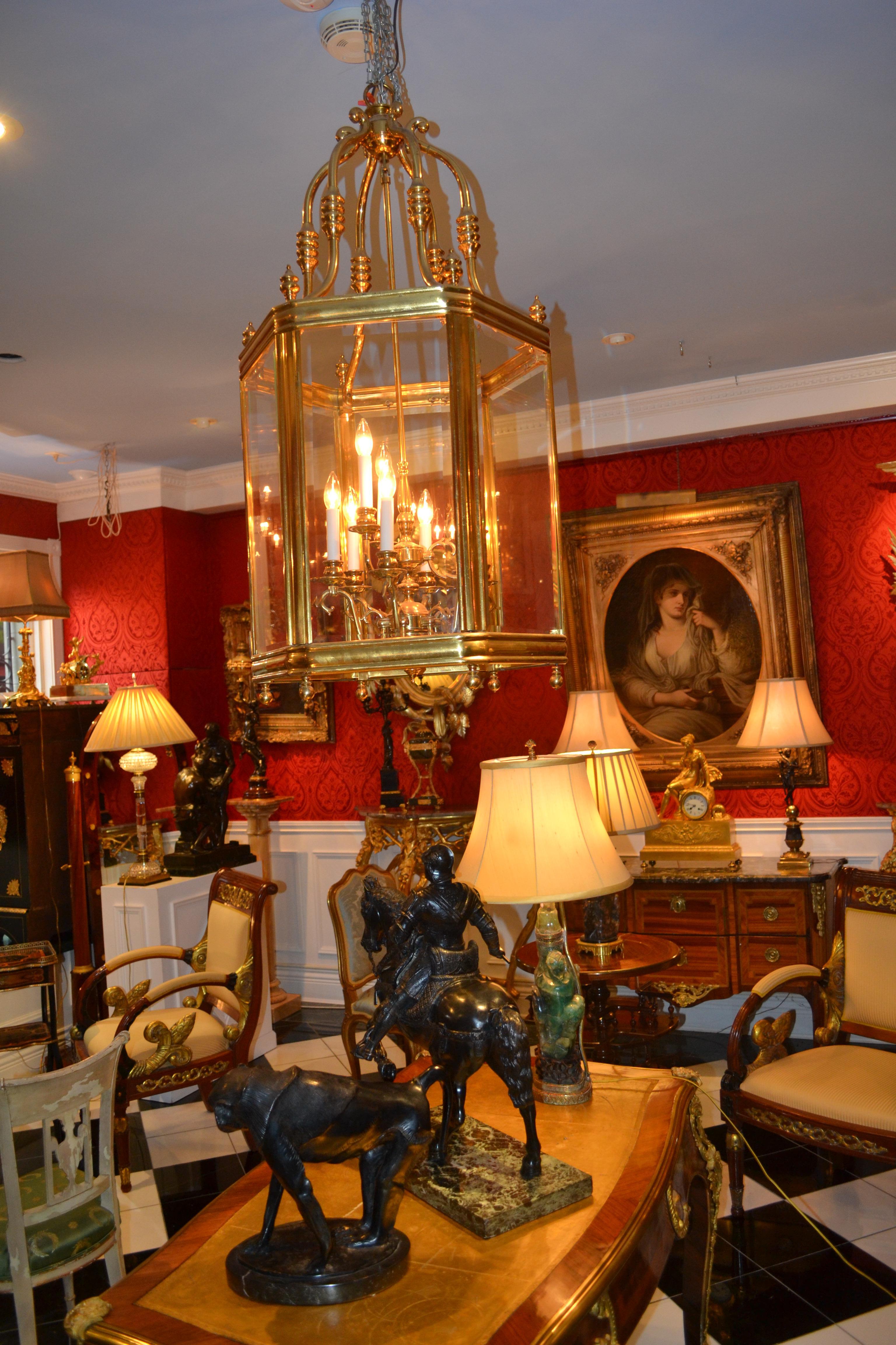 Brass and Beveled Glass Hall Lantern For Sale 3