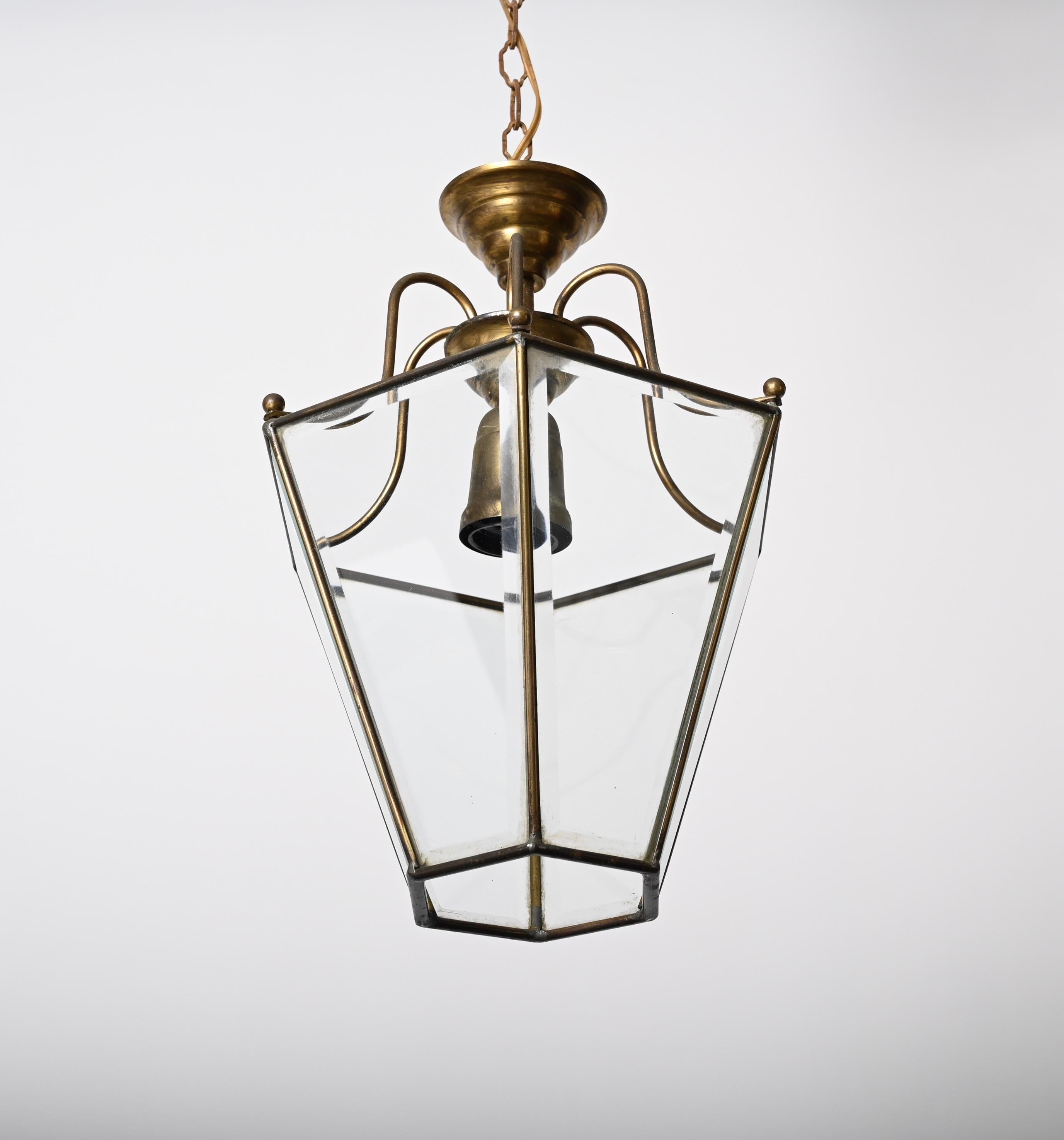 Brass and Beveled Glass Hexagonal Italian Chandelier After Adolf Loos, 1950s For Sale 6