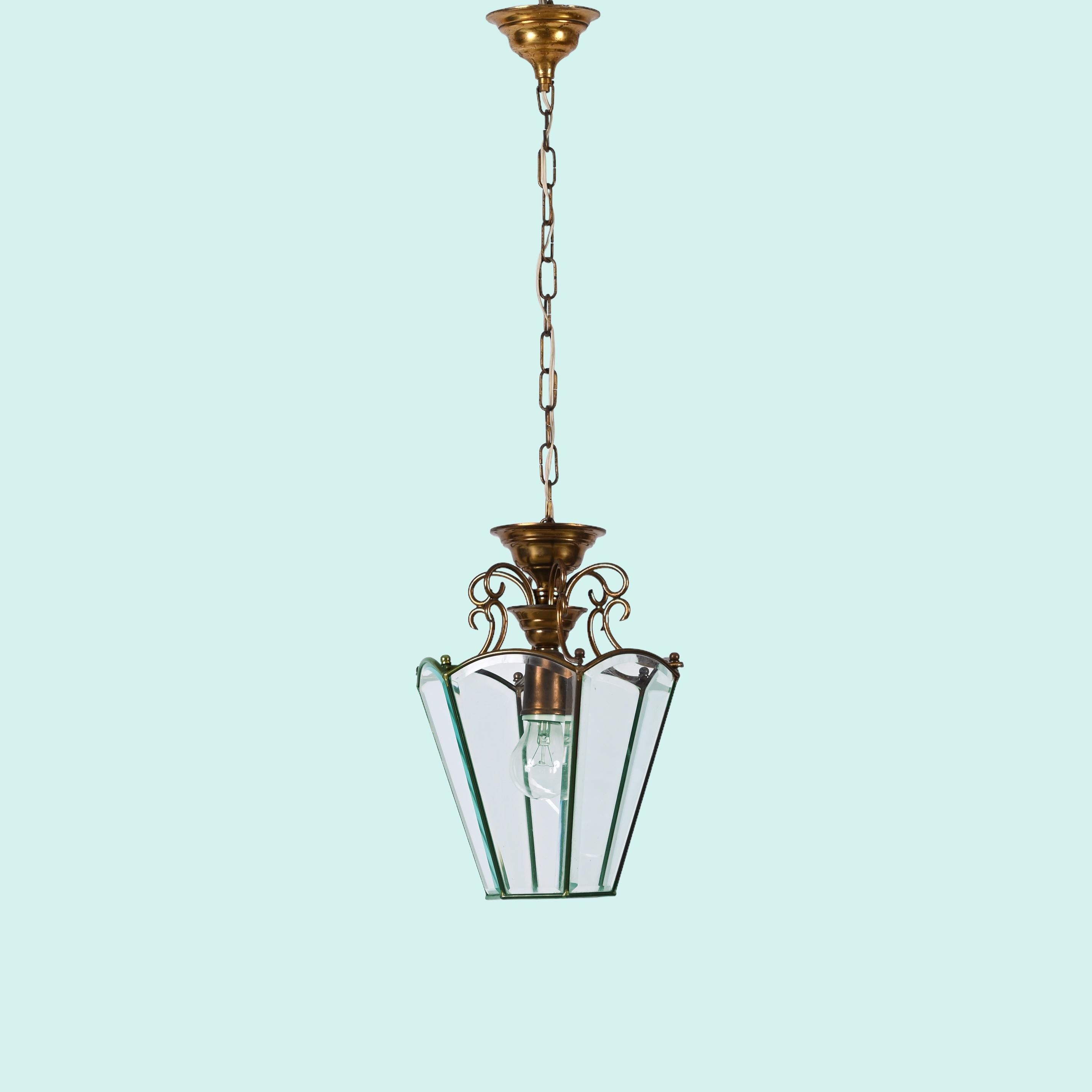 Brass and Beveled Glass Hexagonal Italian Chandelier After Adolf Loos, 1950s For Sale 7