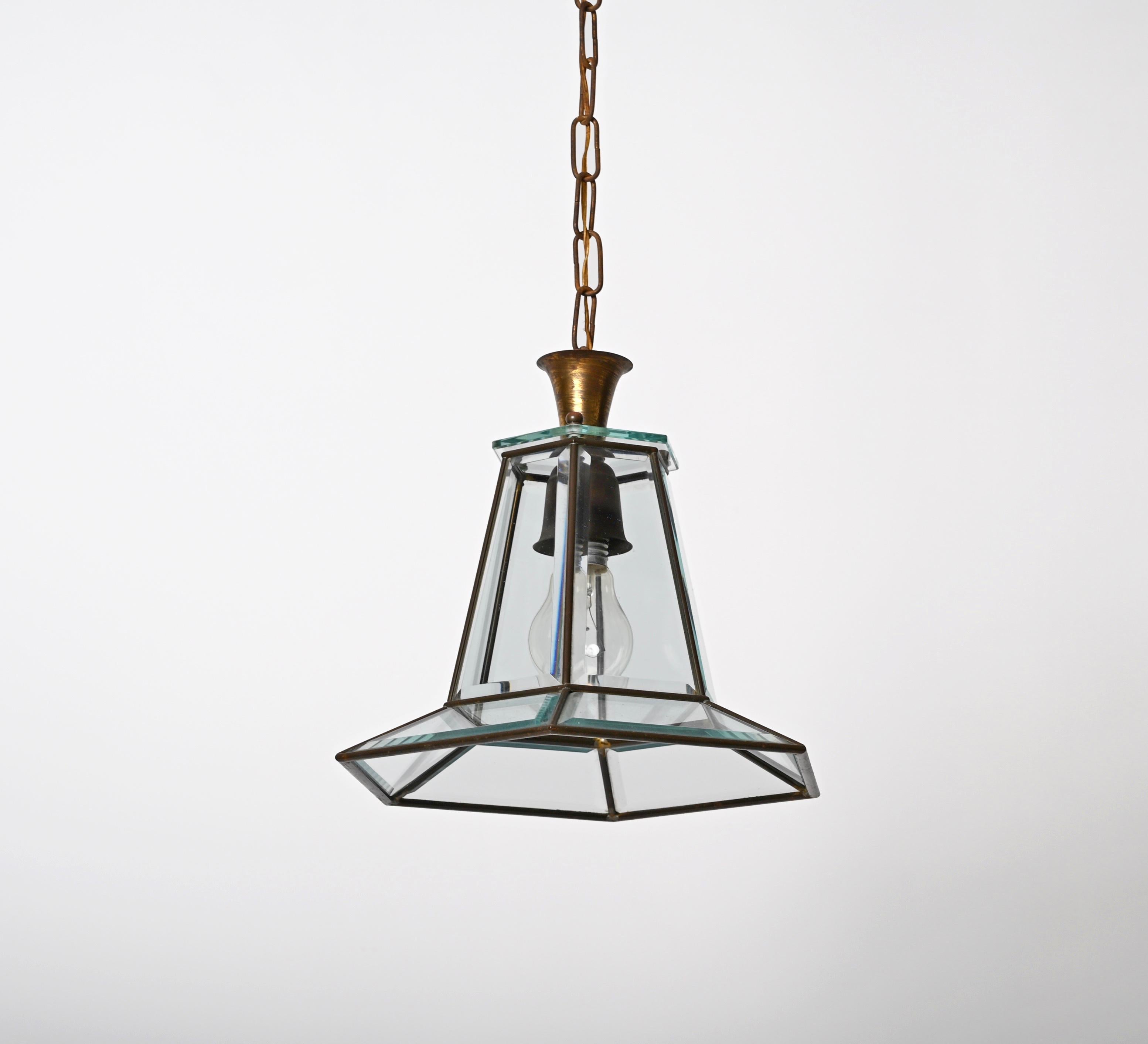 Brass and Beveled Glass Hexagonal Italian Chandelier After Adolf Loos, 1950s For Sale 6