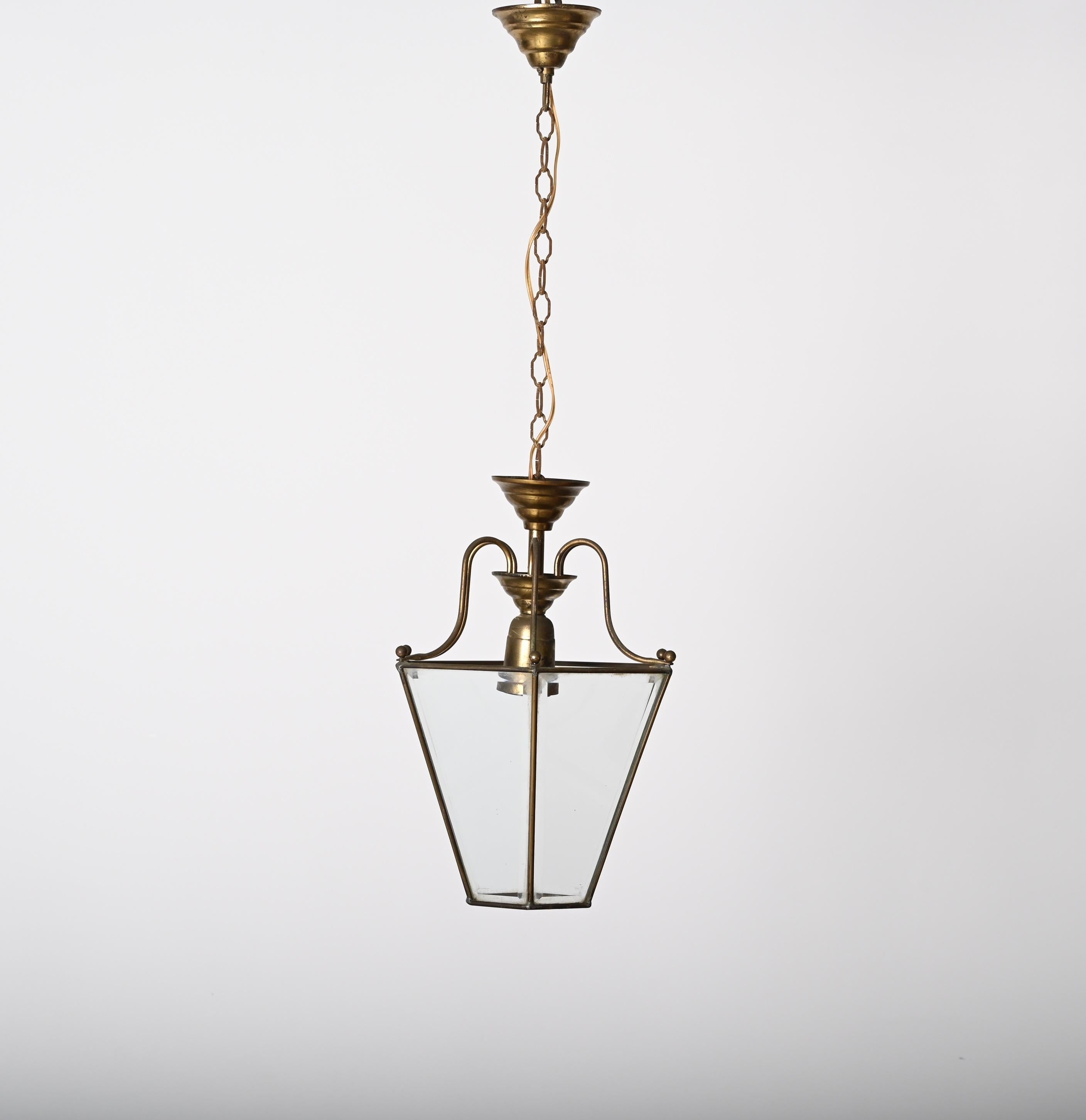 Brass and Beveled Glass Hexagonal Italian Chandelier After Adolf Loos, 1950s For Sale 7