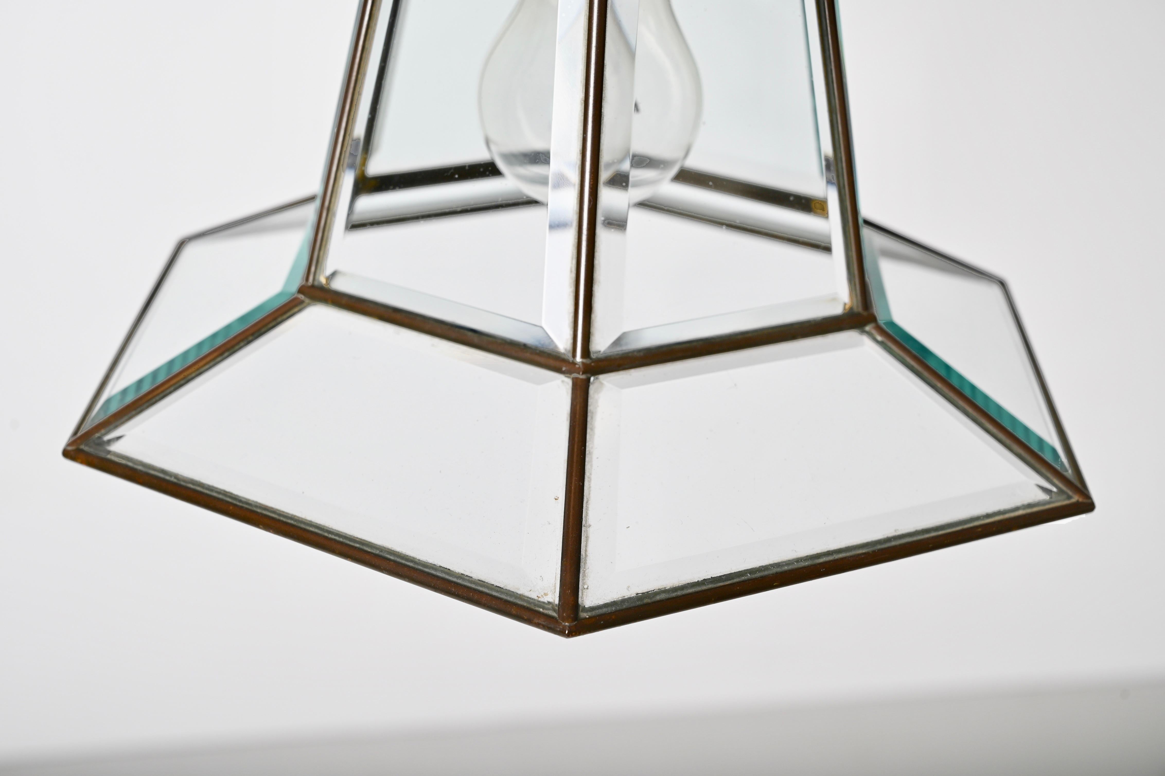 Brass and Beveled Glass Hexagonal Italian Chandelier After Adolf Loos, 1950s For Sale 8