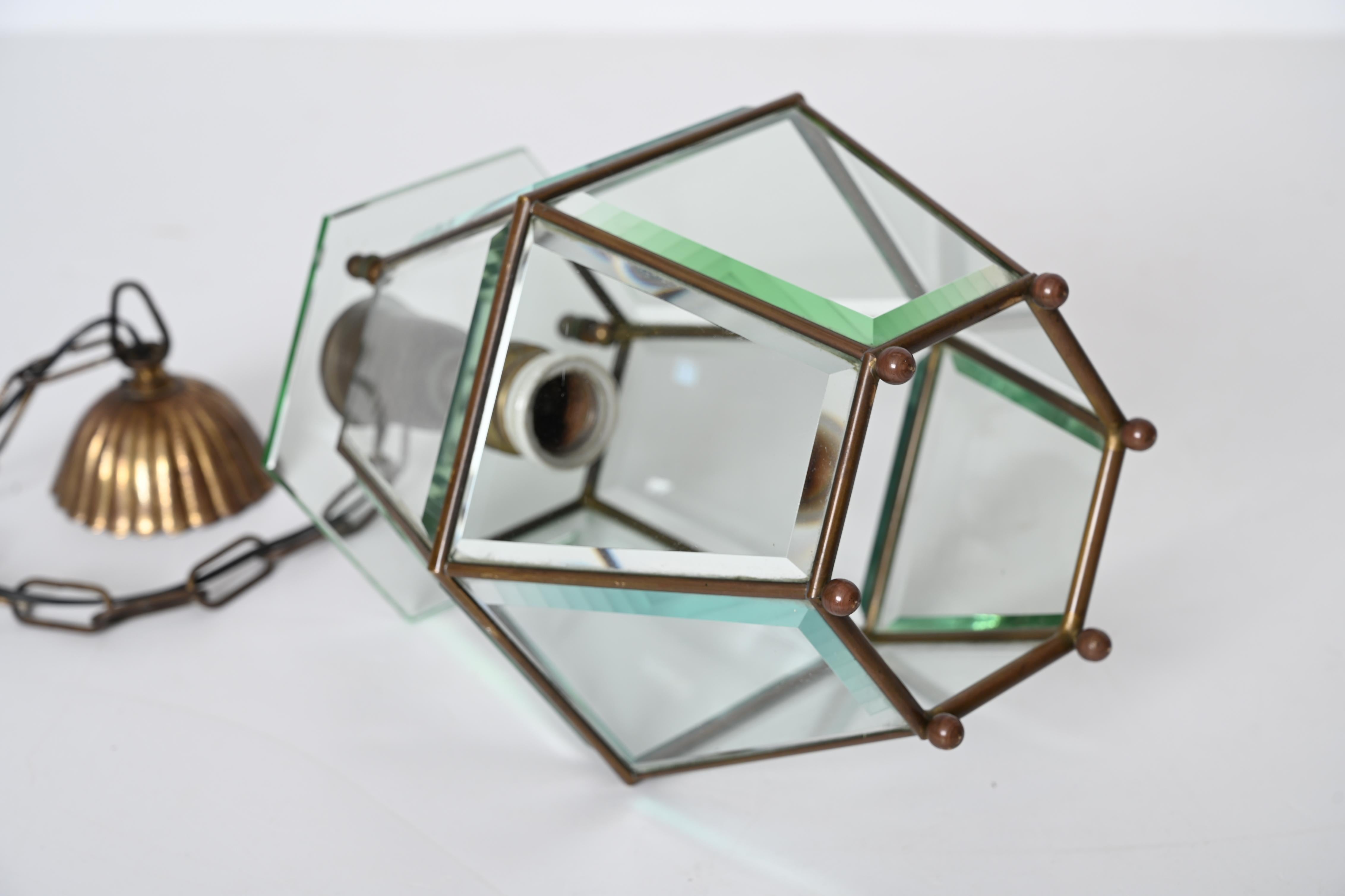 Brass and Beveled Glass Hexagonal Italian Chandelier after Adolf Loos, 1950s For Sale 8