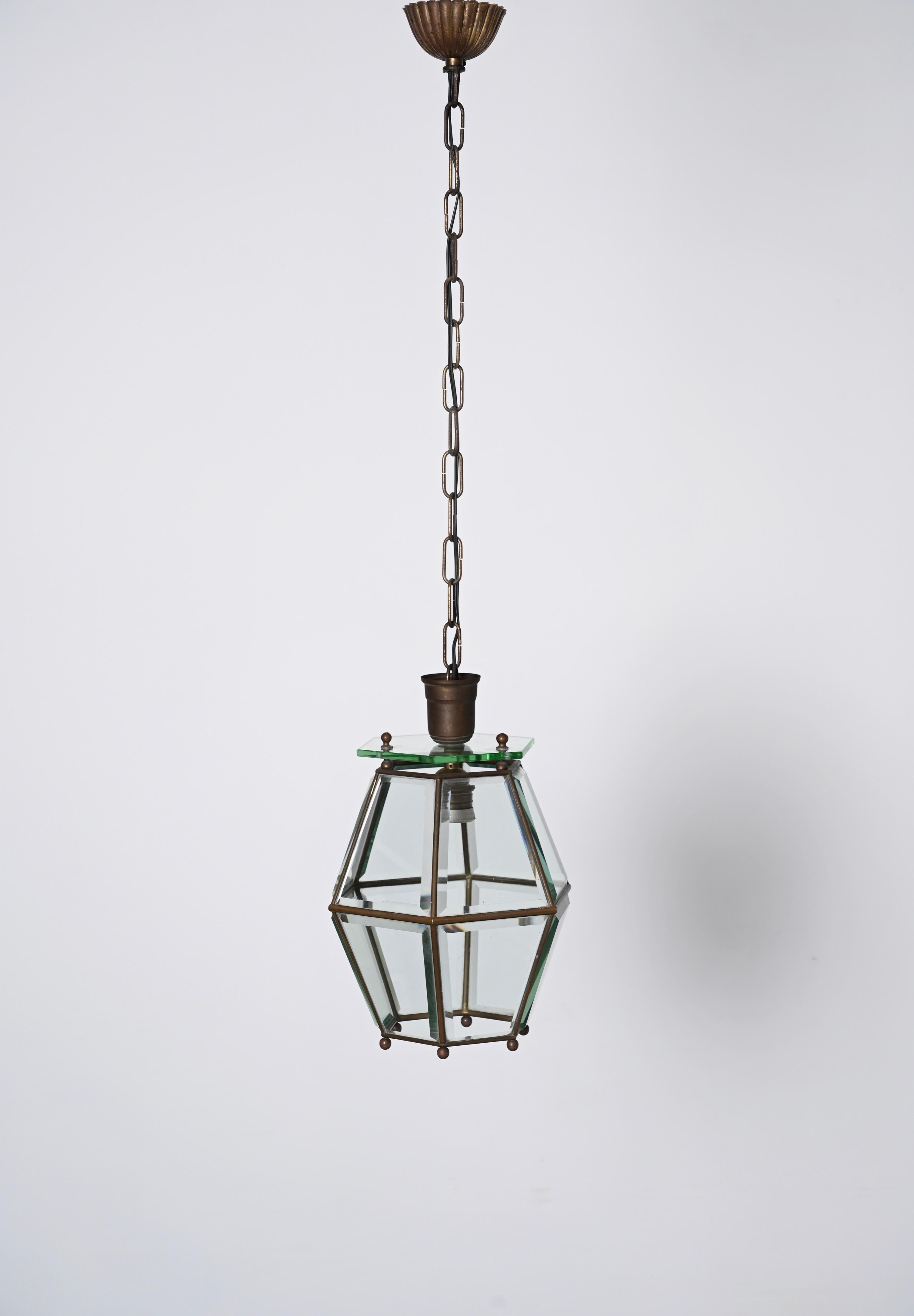 Brass and Beveled Glass Hexagonal Italian Chandelier after Adolf Loos, 1950s For Sale 9