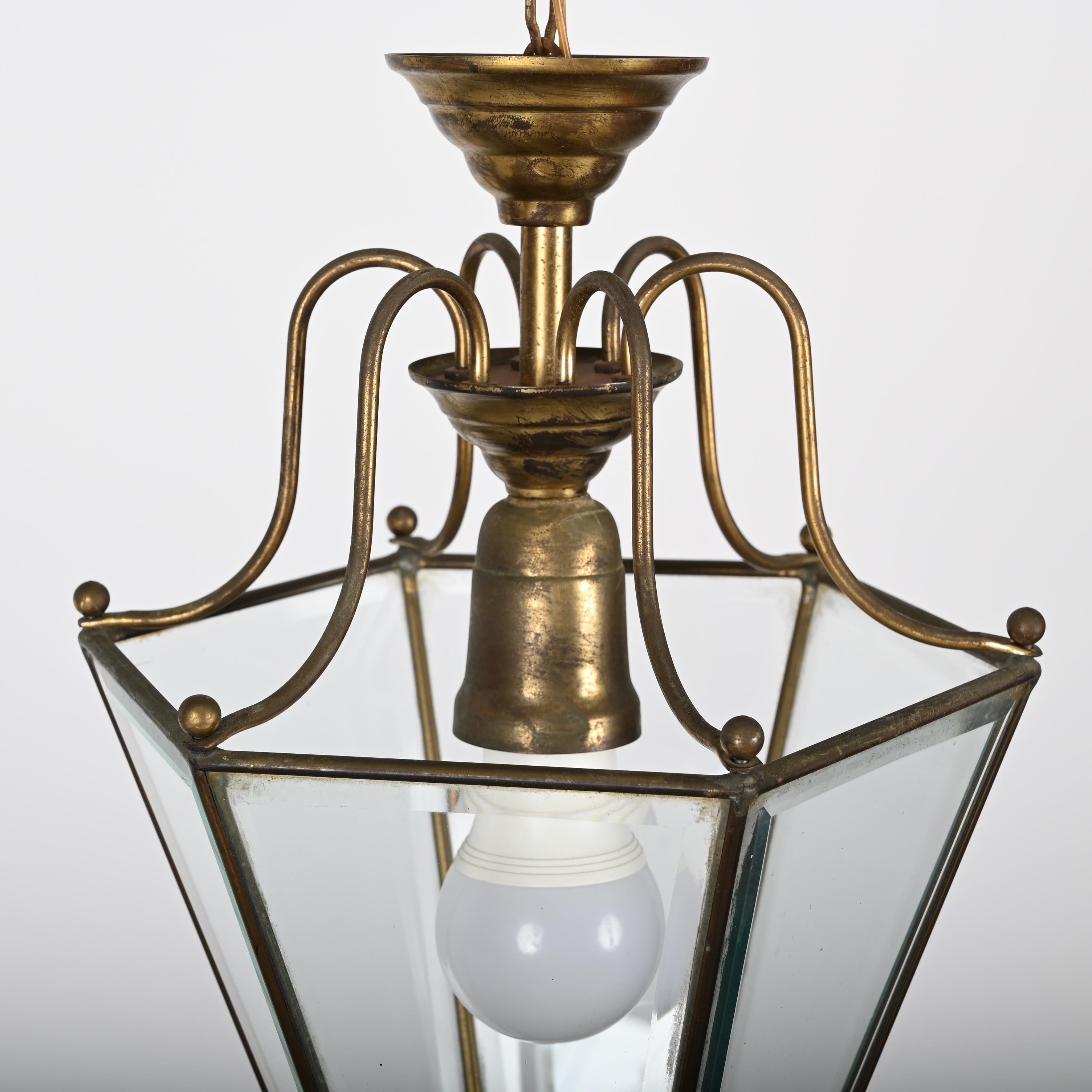 Brass and Beveled Glass Hexagonal Italian Chandelier After Adolf Loos, 1950s For Sale 10